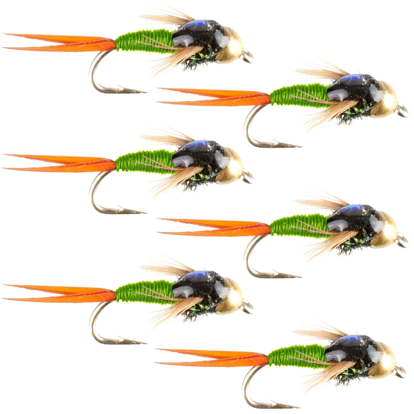 Tungsten Bead Head Chartreuse Copper John Nymph Fly Fishing Flies - Set of 6 Flies Hook Size 16