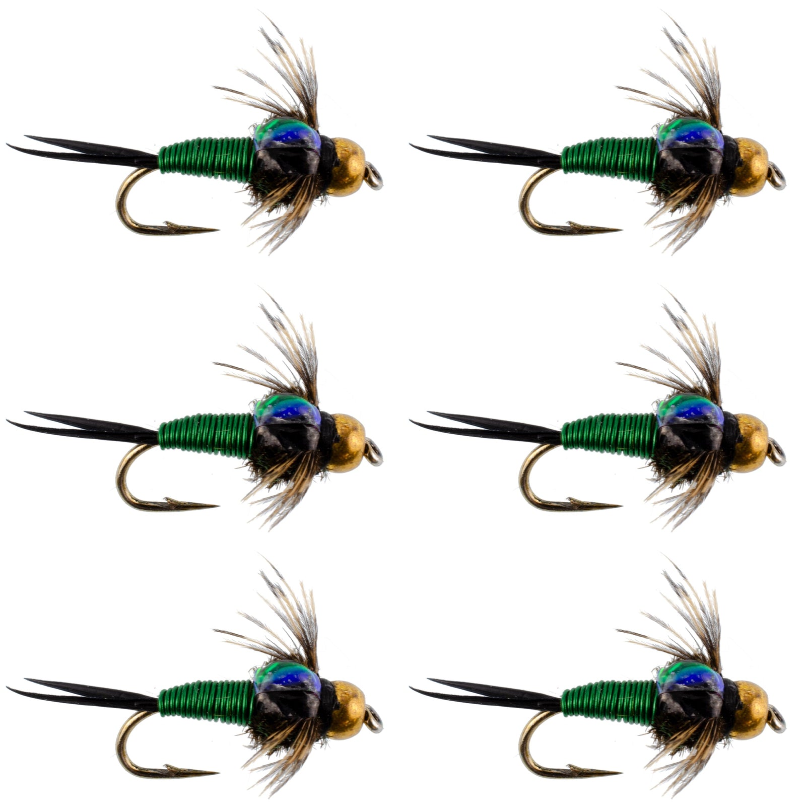 Bead Head Green Copper John Nymph Fly Fishing Flies - Set of 6 Flies Hook Size 14