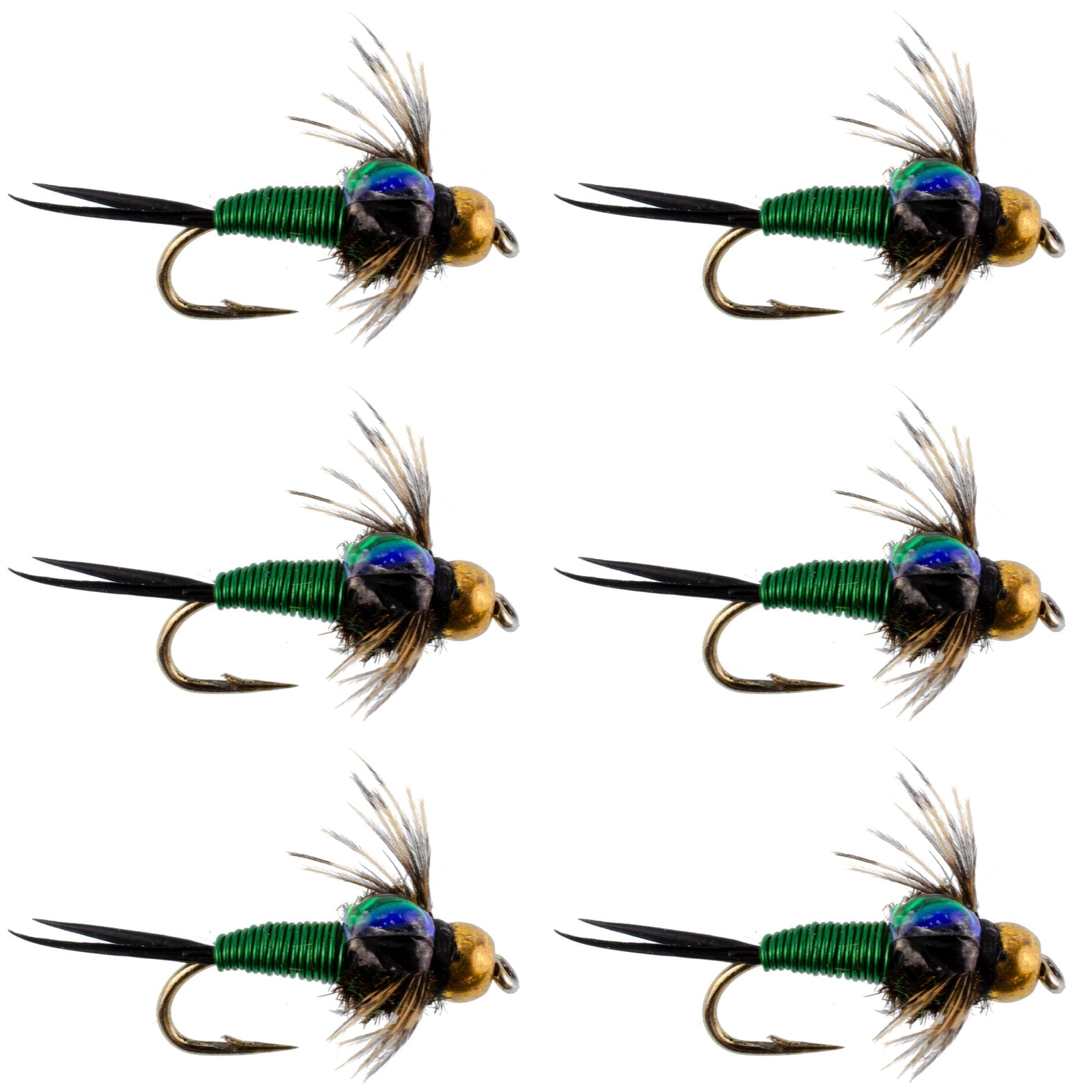 Bead Head Green Copper John Nymph Fly Fishing Flies - Set of 6 Flies Hook Size 18