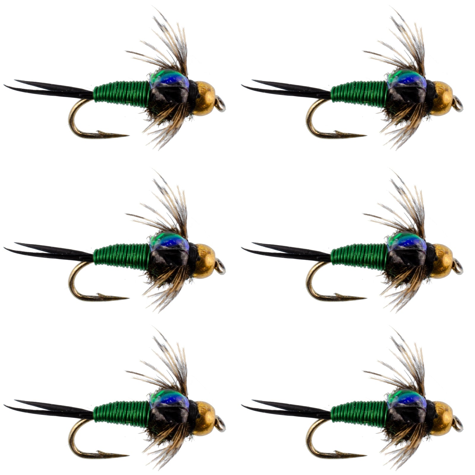 Bead Head Green Copper John Nymph Fly Fishing Flies - Set of 6 Flies Hook Size 16
