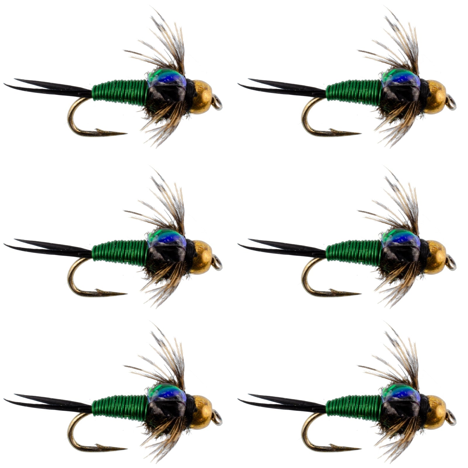 Bead Head Green Copper John Nymph Fly Fishing Flies - Set of 6 Flies Hook Size 12