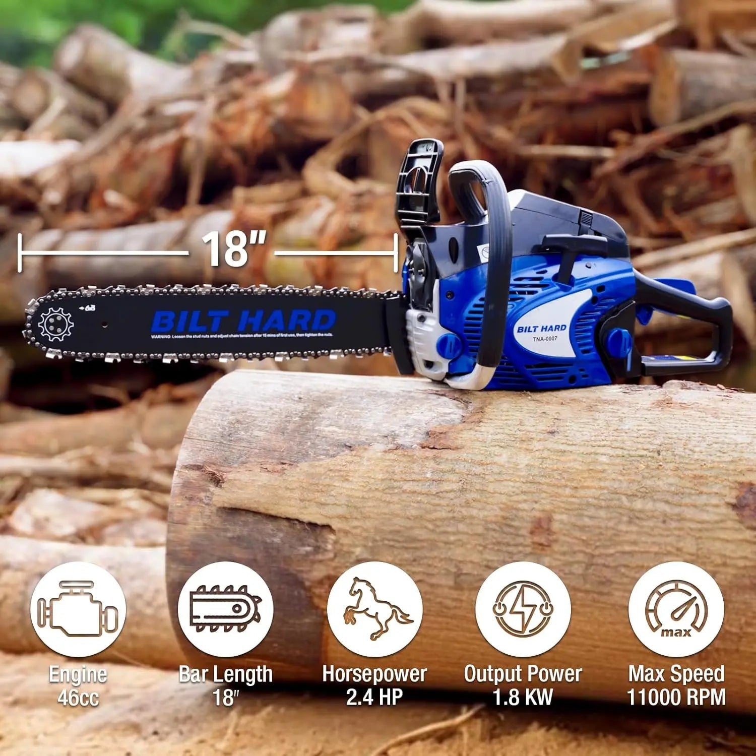 BILT HARD 18" Gas Chainsaw, 46cc 2-Cycle Engine with Auto Oiler – Powerful Wood Cutting Tool
