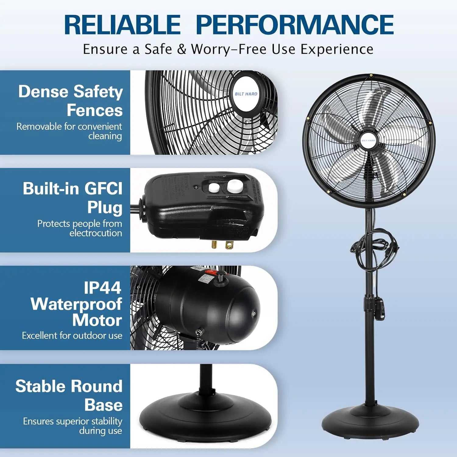BILT HARD 18" Outdoor Misting Pedestal Fan: 3-Speed, Adjustable Height, 120° Oscillation, Waterproof & UL Listed
