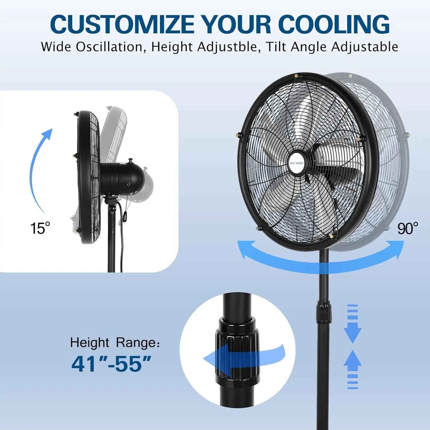 BILT HARD 18" Outdoor Misting Pedestal Fan: 3-Speed, Adjustable Height, 120° Oscillation, Waterproof & UL Listed