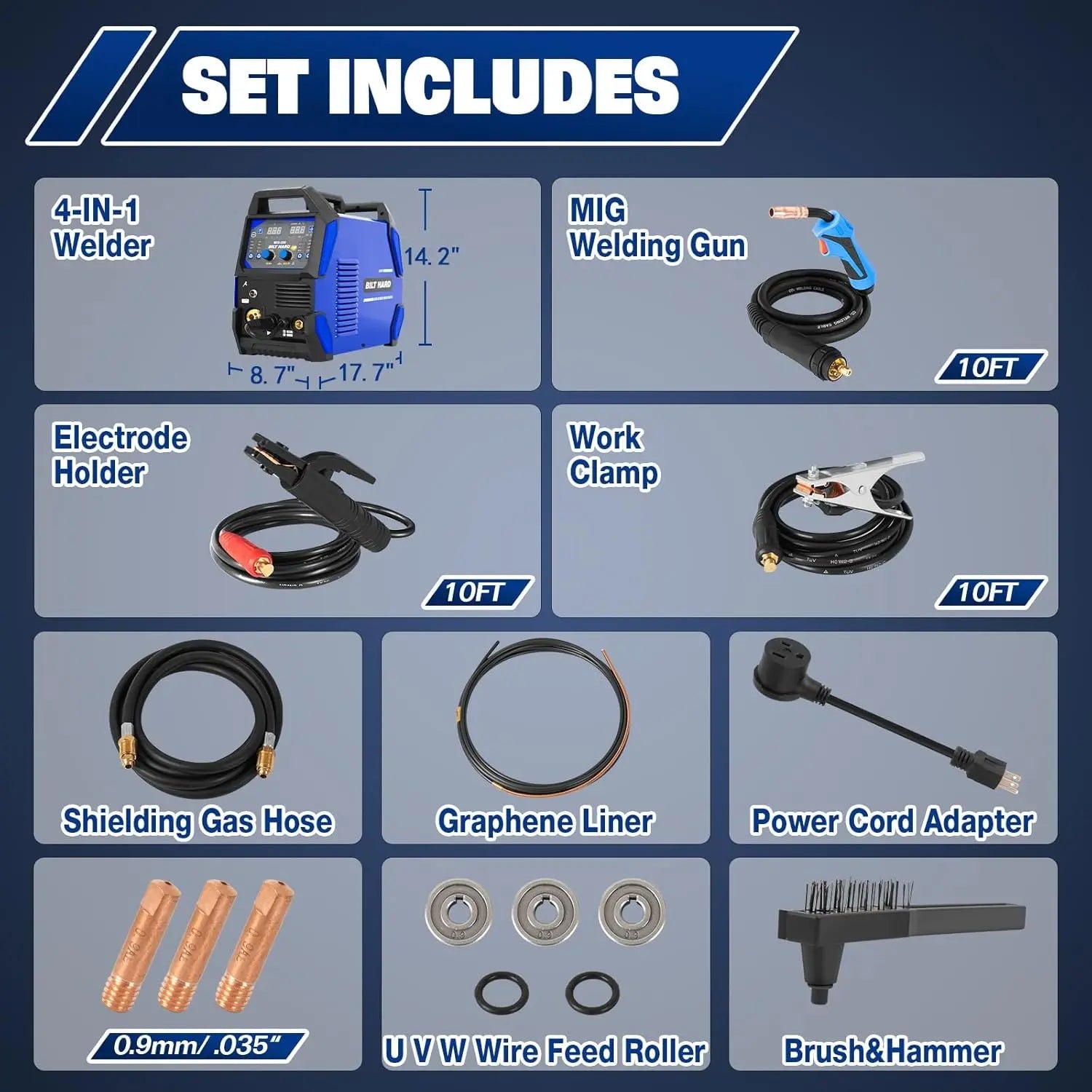 BILT HARD 200A MIG Welder, MIG/Flux Core MIG/Lift TIG/Stick 4-in-1 Welding Machine w/IGBT Inverter, 110V/220V Multi-Process Welder with Screen Display