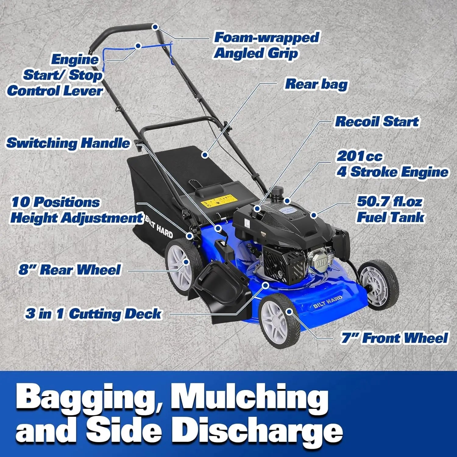 BILT HARD 21-Inch Push Lawn Mower, 201cc 4-Cycle Engine, 3-in-1 Bagging, Mulching, and Side Discharge