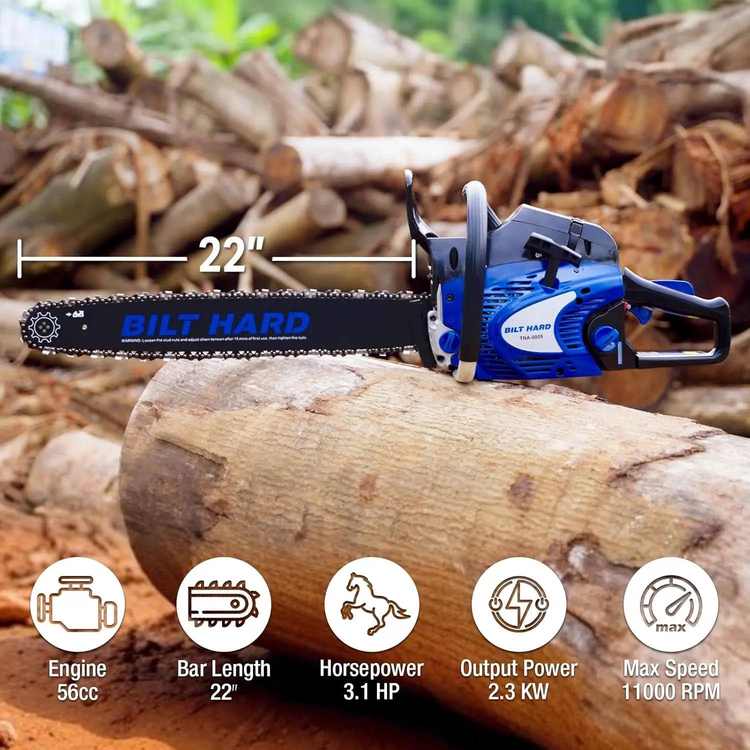 BILT HARD 22" Gas Chainsaw, 56cc 3.1HP 2-Cycle Engine, Auto Oiler, Powerful Saw for Tree Felling & Firewood