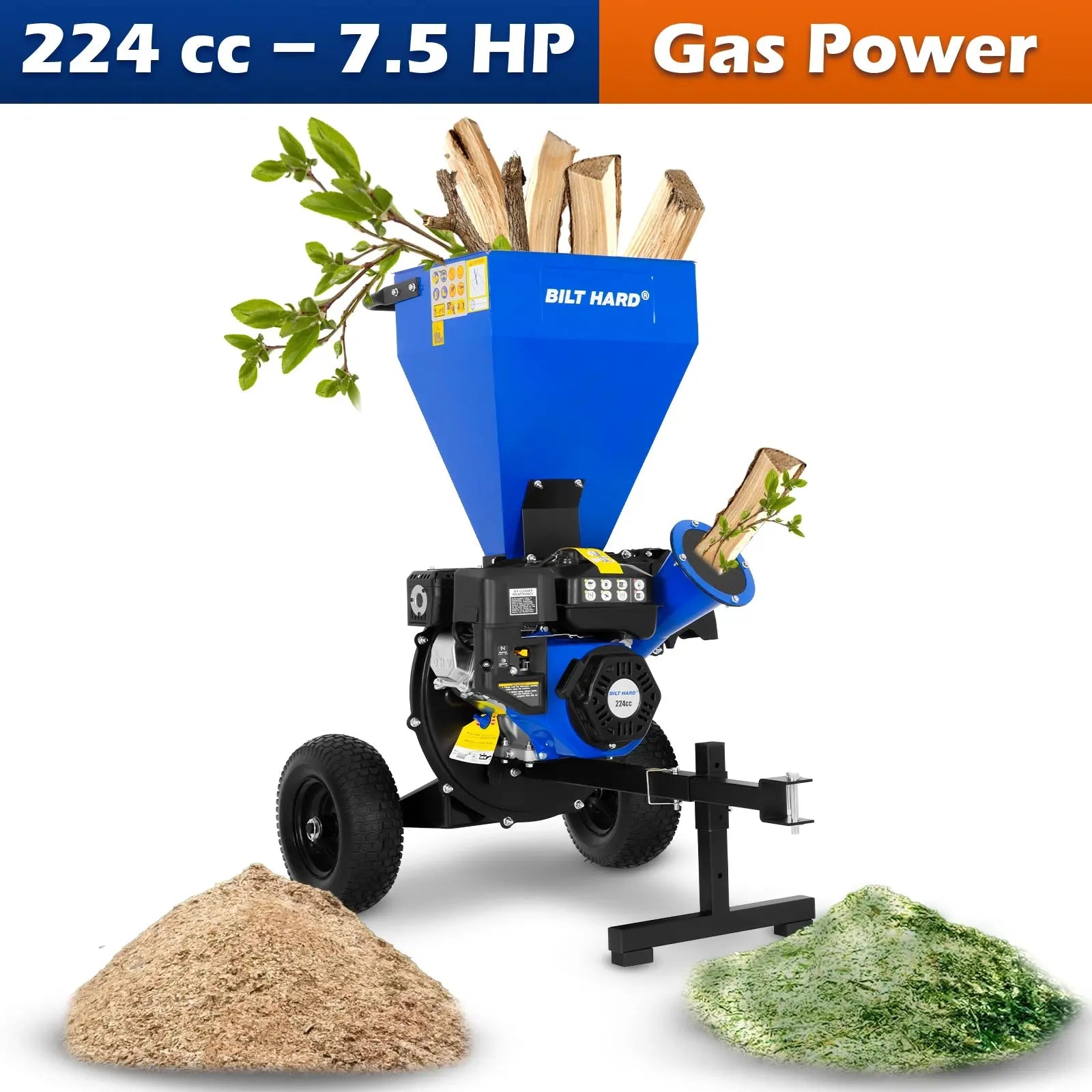 BILT HARD 224cc 7.5hp Gas Powered Wood Chipper