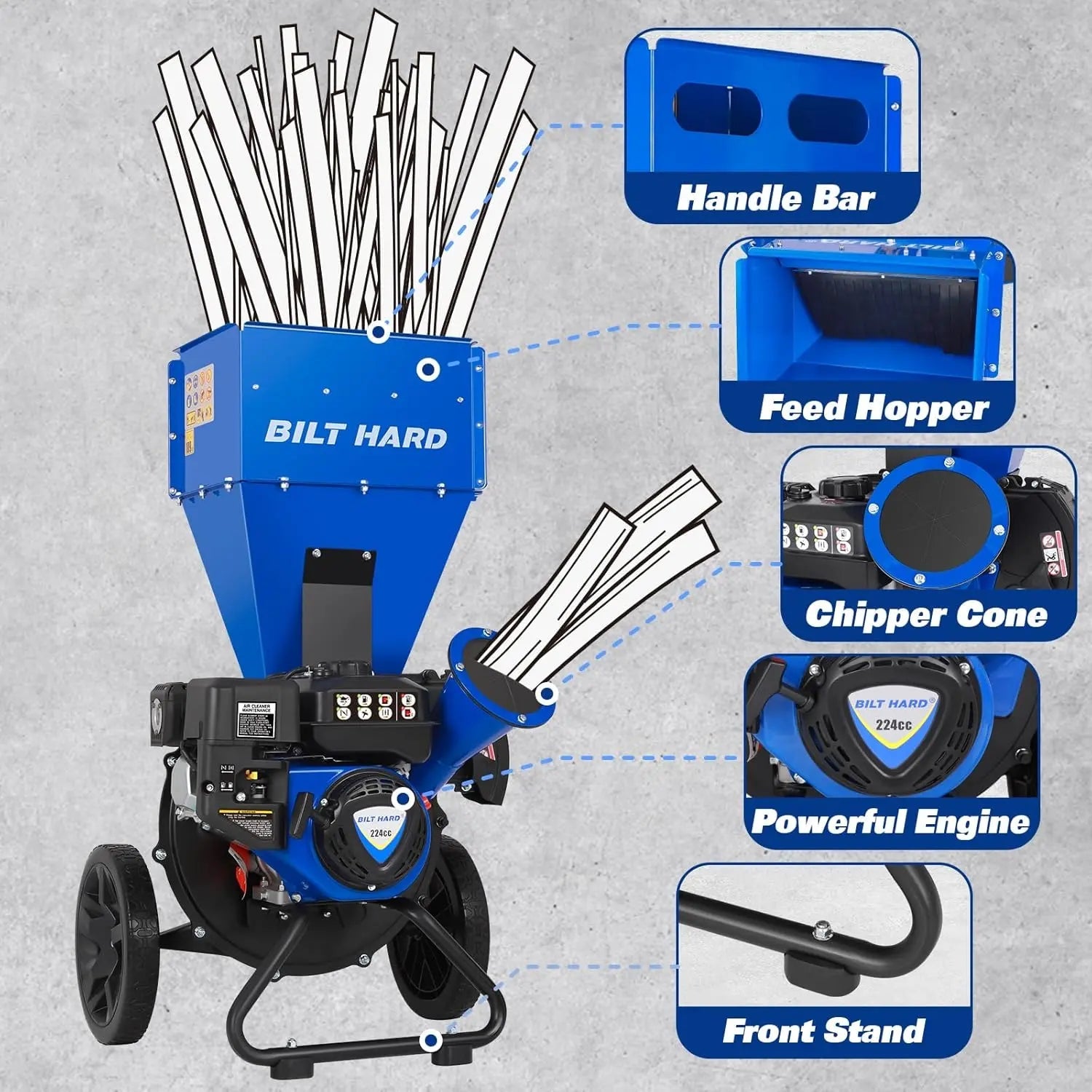 BILT HARD 224cc 7.5hp Gas Powered Wood Chipper