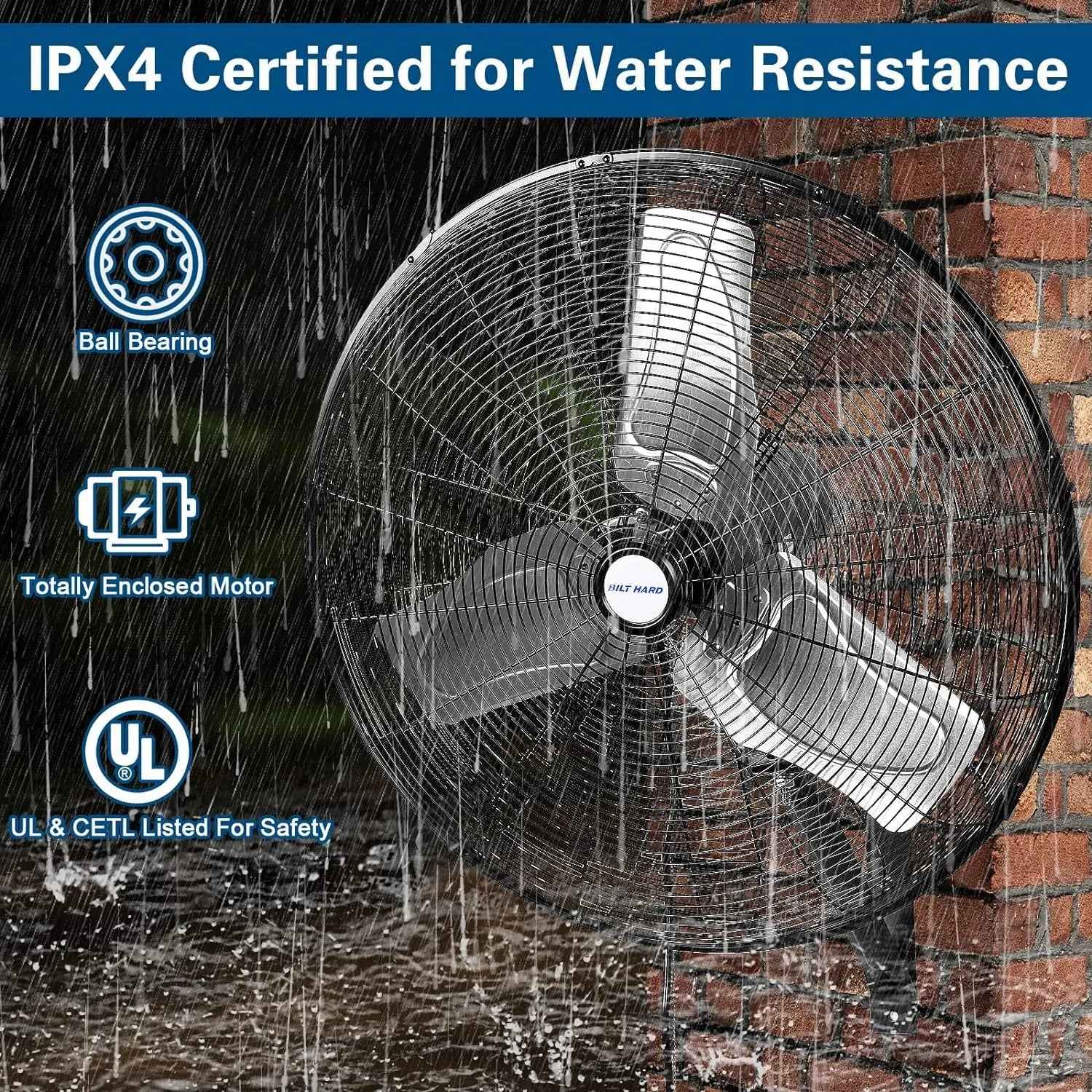 BILT HARD 24" 6300 CFM Outdoor Oscillating Wall Fan: High Velocity, 3-Speed Heavy Duty Waterproof Wall Fan, UL Listed