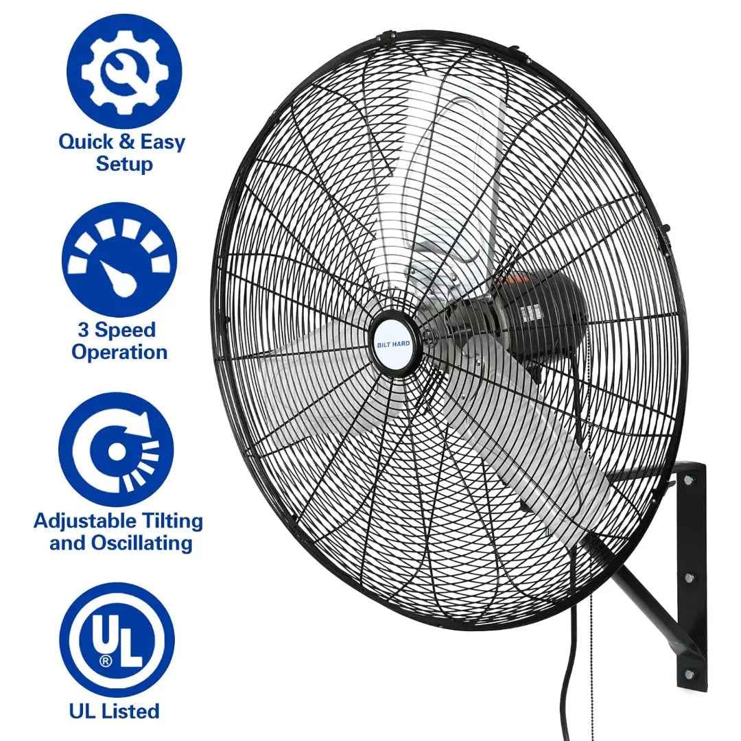 BILT HARD 24" 6500 CFM High-Velocity Wall Fan: 3-Speed Oscillating, Heavy-Duty Shop Fan, UL Listed
