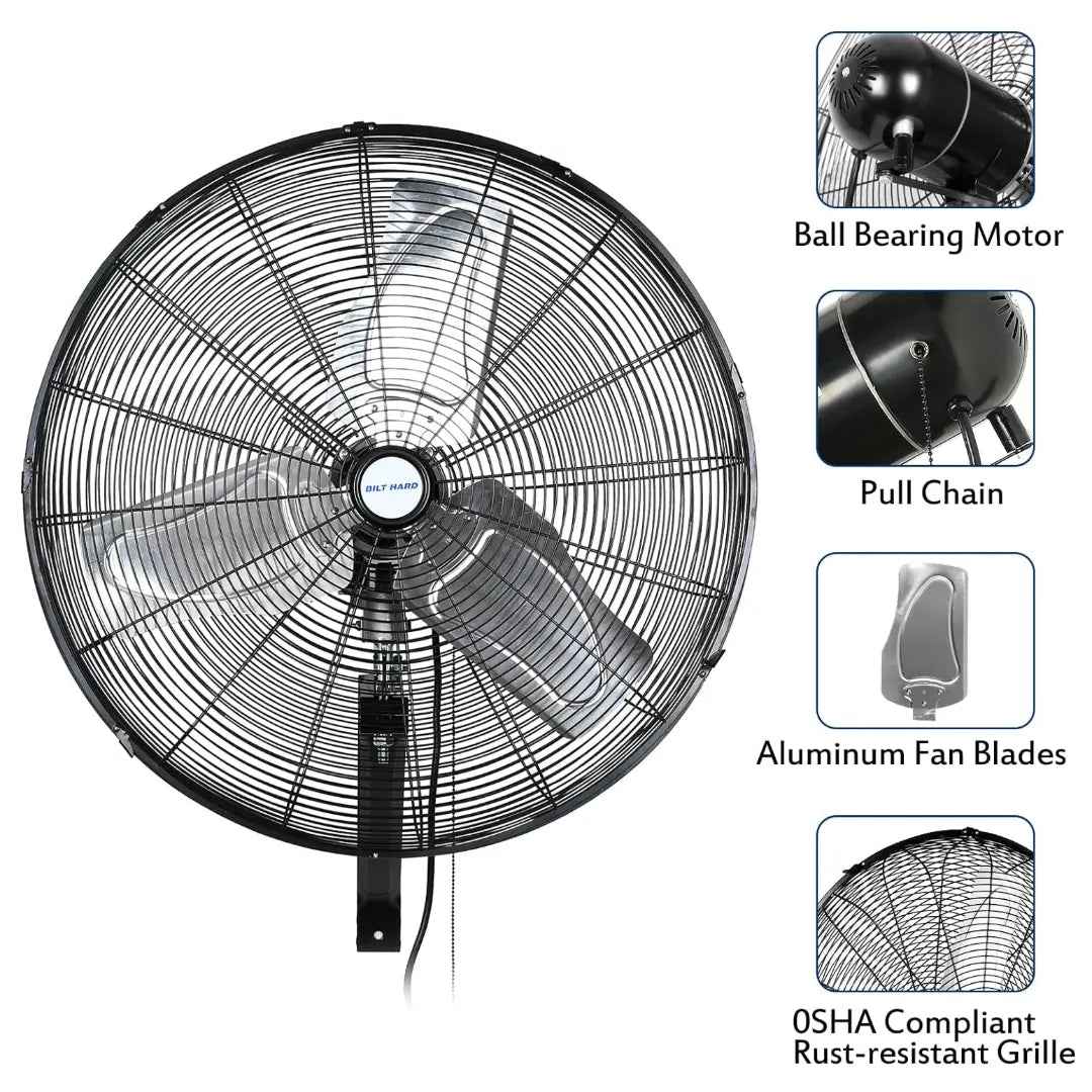 BILT HARD 24" 6500 CFM High-Velocity Wall Fan: 3-Speed Oscillating, Heavy-Duty Shop Fan, UL Listed