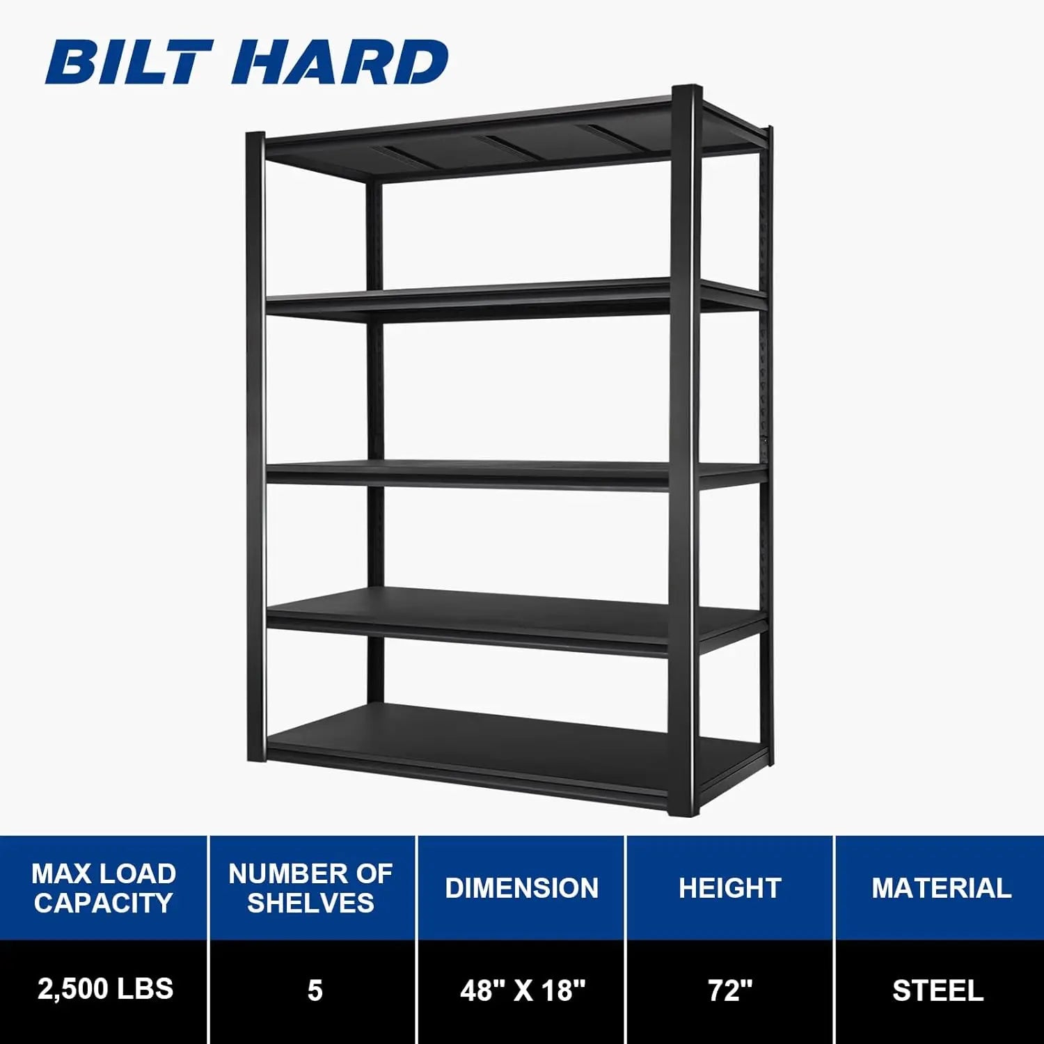 BILT HARD 2500LBS 48" W x 18" D x 72" H Garage Shelving, 5-Shelf Industrial Storage Shelves Heavy Duty, Metal Shelving Units with Adjustable Shelf, Steel Utility Shelves