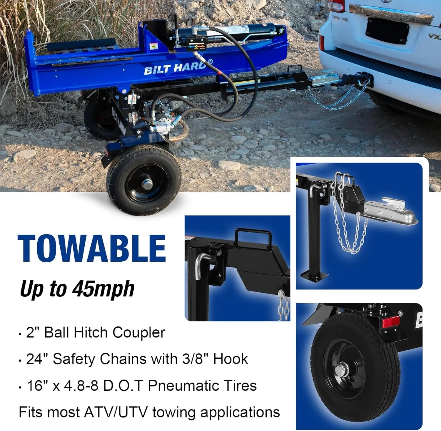 BILT HARD 30-Ton Full Beam Gas Log Splitter: 7.5hp 223cc OHV Engine, 22.6