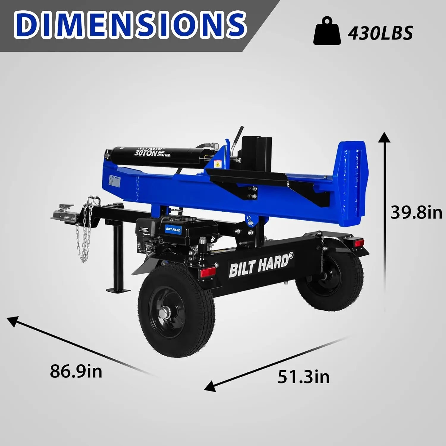 BILT HARD 30-Ton Full Beam Gas Log Splitter: 7.5hp 223cc OHV Engine, 22.6