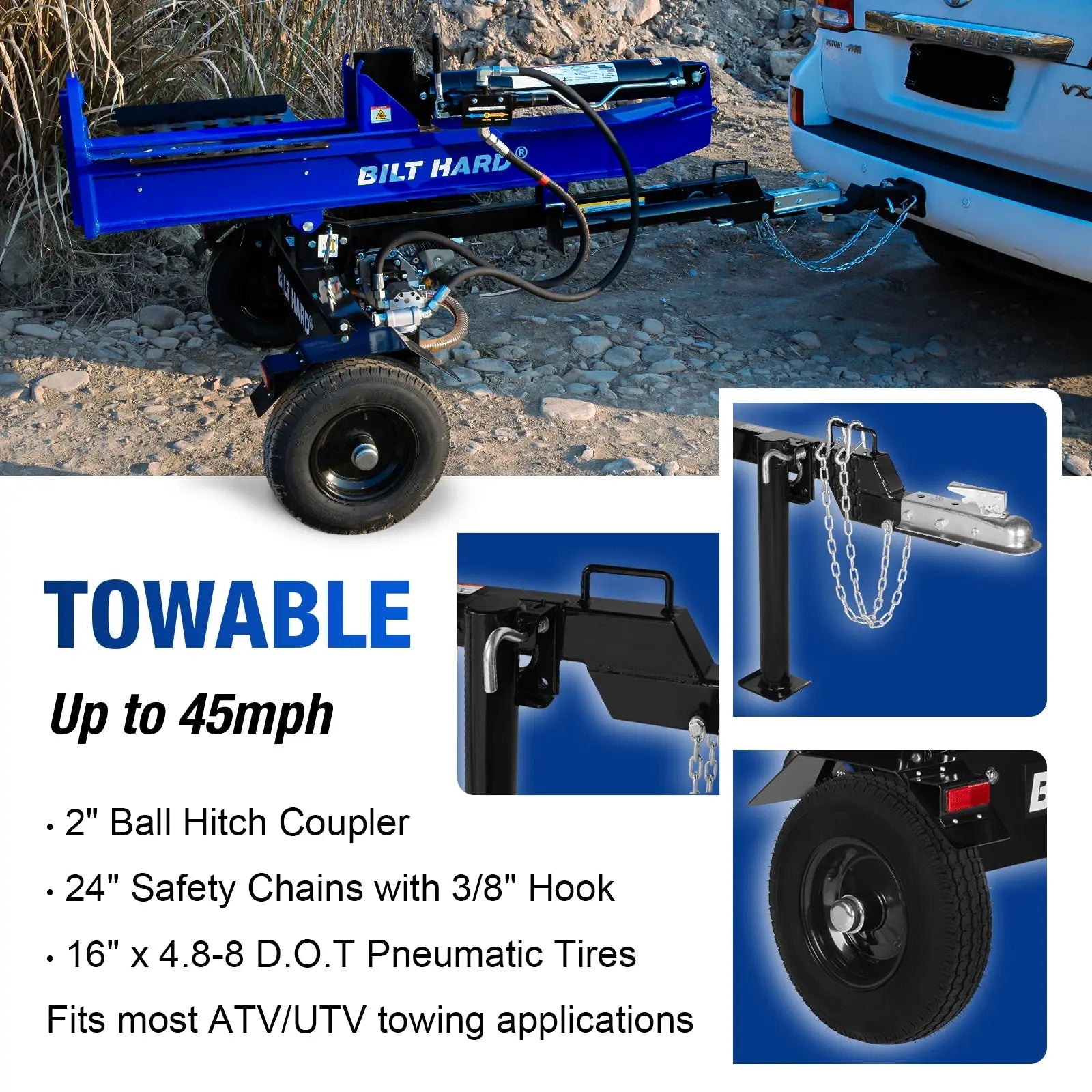 BILT HARD 35-Ton Full Beam Gas Log Splitter: 10hp 301cc OHV Engine, 23" Stroke