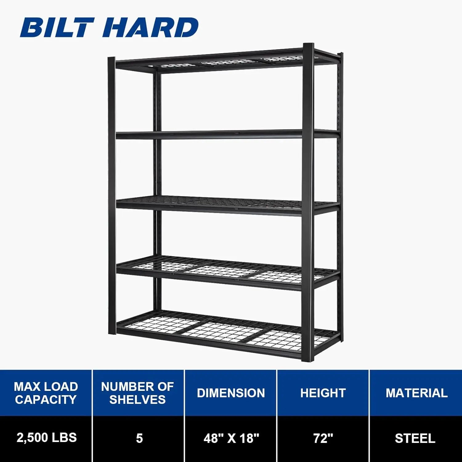 BILT HARD 48" W Garage Shelving 2500 LBS, 72" H x 18" D Storage Shelves, Heavy Duty 5-Tier Metal Shelving Units with Adjustable Shelf, Steel Wire Utility Shelving