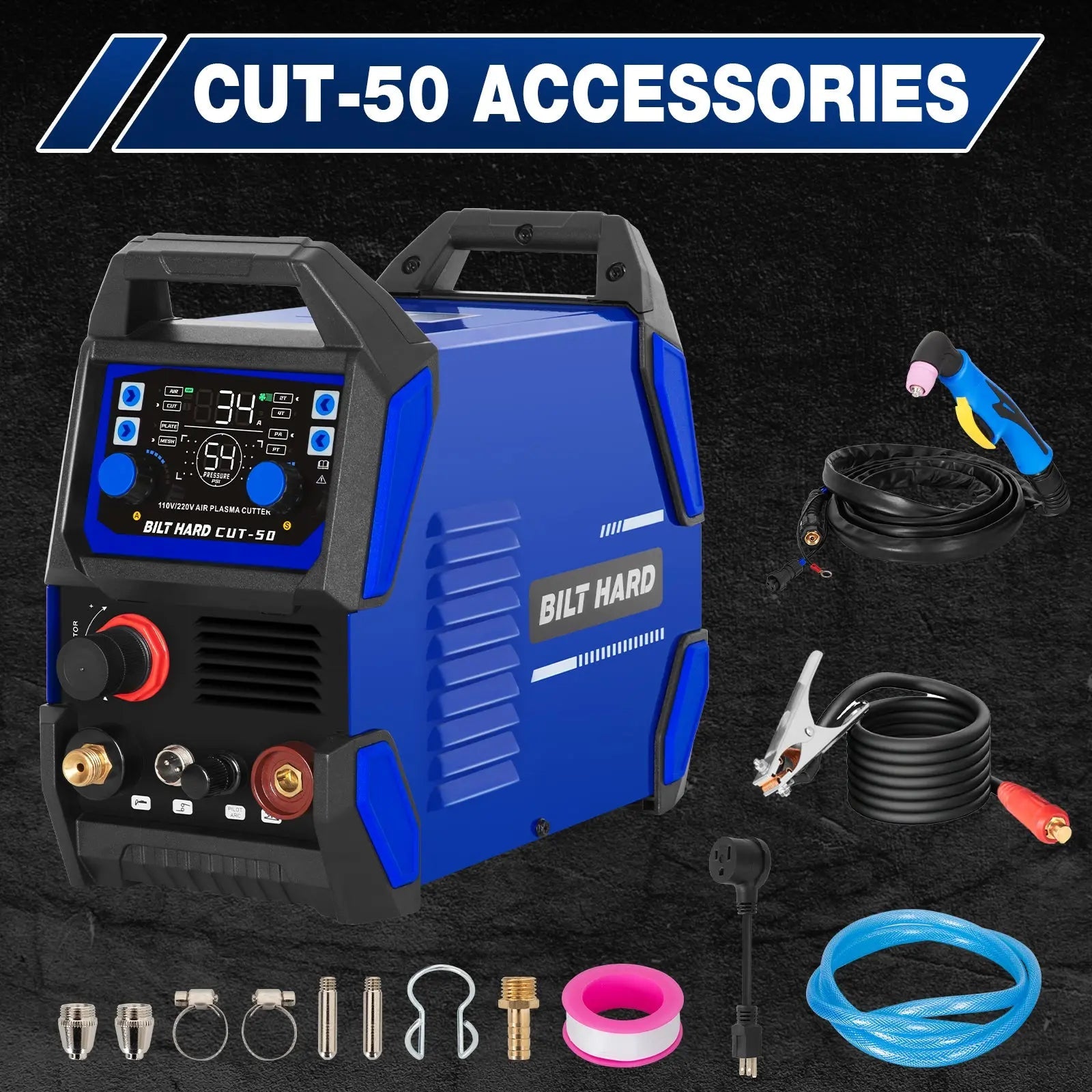 BILT HARD 50A Plasma Cutter, 110V/220V Dual Voltage Pilot Arc Plasma Cutter Machine, 5/8 inch Maximum Cut, IGBT Plasma Cutting Machine with Display Screen