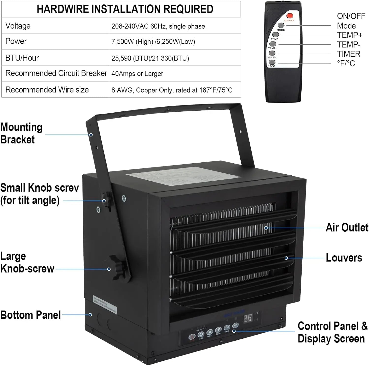 BILT HARD 7500W Electric Garage Heater, 240V Digital Fan-Forced Ceiling Mount Heater with Remote, Hardwired Shop Garage Heater with Thermostat, Overheat Protection, Timer, Ideal for Workshop