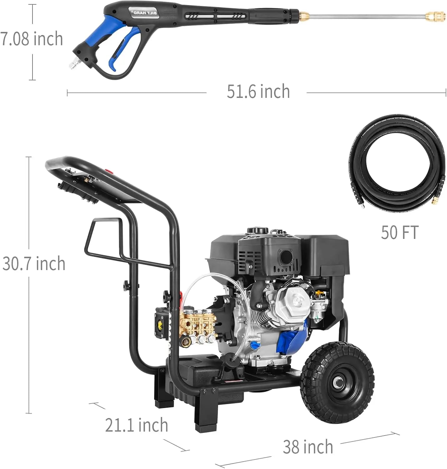 BILT HARD 4000 PSI 4.0 GPM GAS Pressure Washer, 302cc Engine, Gas Power Washer with Triplex Pump, Spray Gun and Wand, Built-In Soap Tank, 5 QC Nozzle Tips, 50 Ft Hose with 3/8" Quick Connect, 49-State