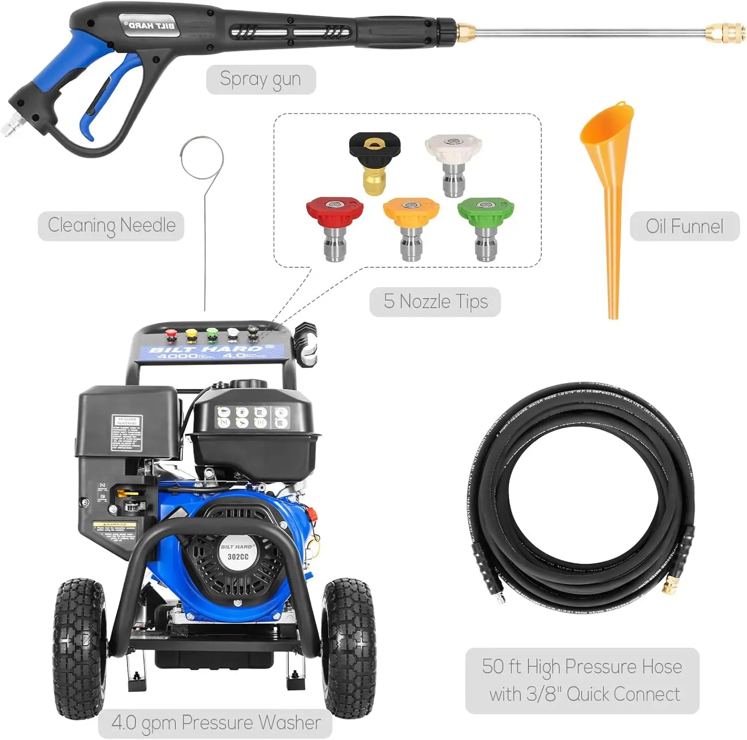 BILT HARD 4000 PSI 4.0 GPM GAS Pressure Washer, 302cc Engine, Gas Power Washer with Triplex Pump, Spray Gun and Wand, Built-In Soap Tank, 5 QC Nozzle Tips, 50 Ft Hose with 3/8