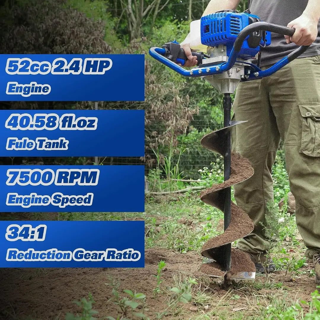 BILT HARD Post Hole Digger Gas Powered, 52cc 2.4 HP 2 Stroke Engine Earth Auger with 8
