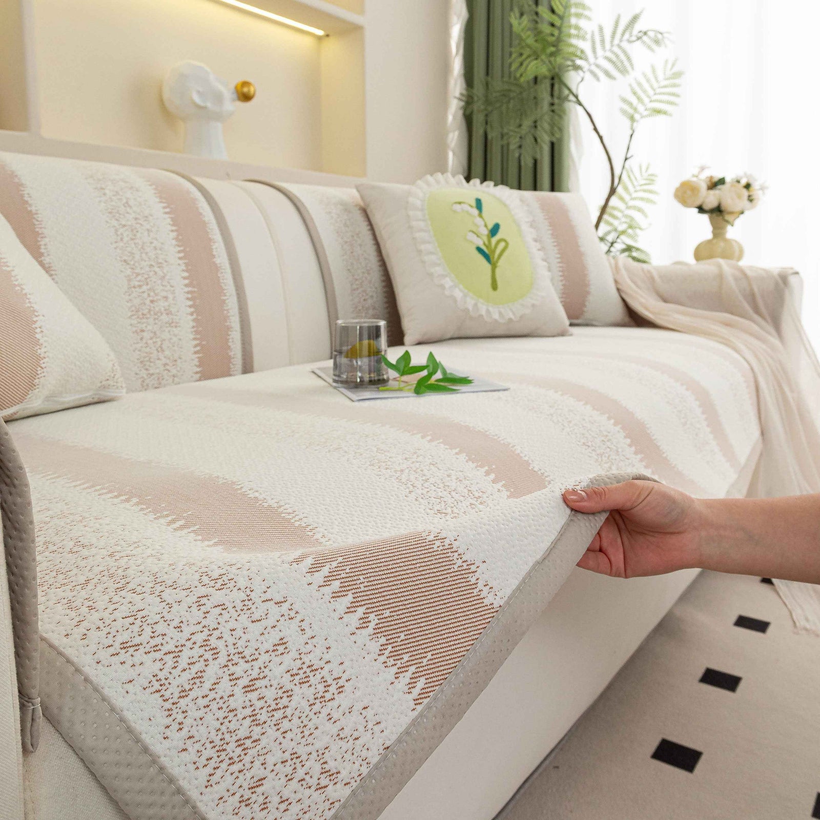 Striped Non-Slip Cooling Couch Cover, Summer Couch Pads for Seat Back Armrest