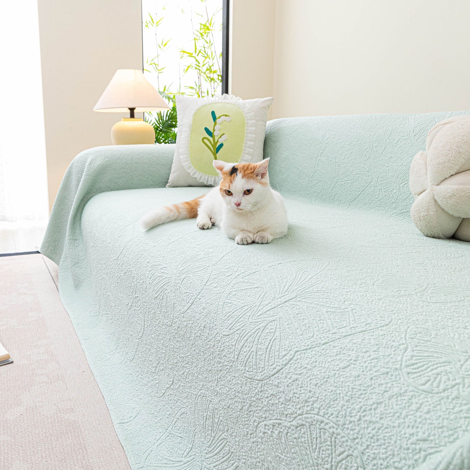 Cooling Embossed Botanical Couch Cover, Soft Ice Silk Furniture Protector for Sofa