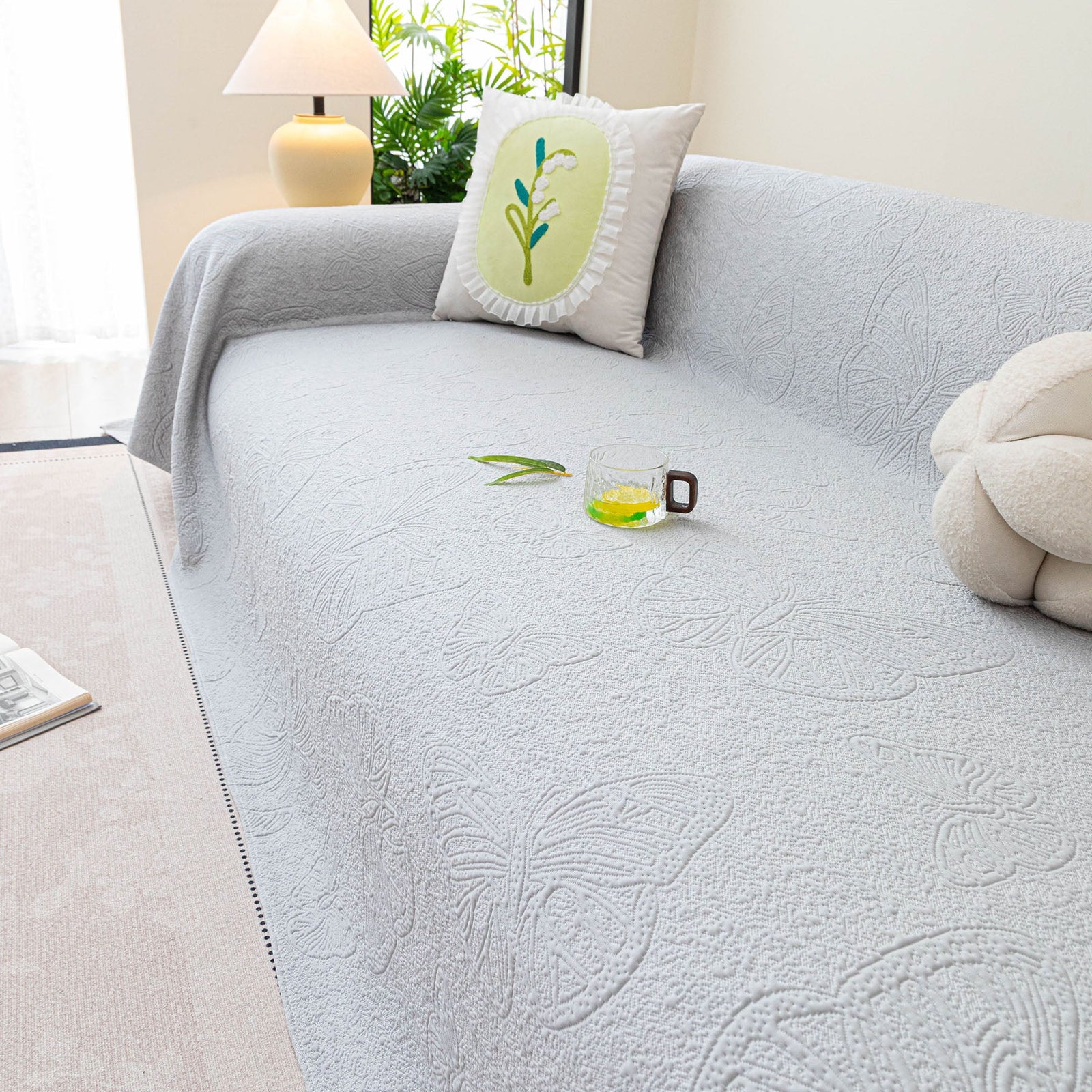 Cooling Embossed Botanical Couch Cover, Soft Ice Silk Furniture Protector for Sofa