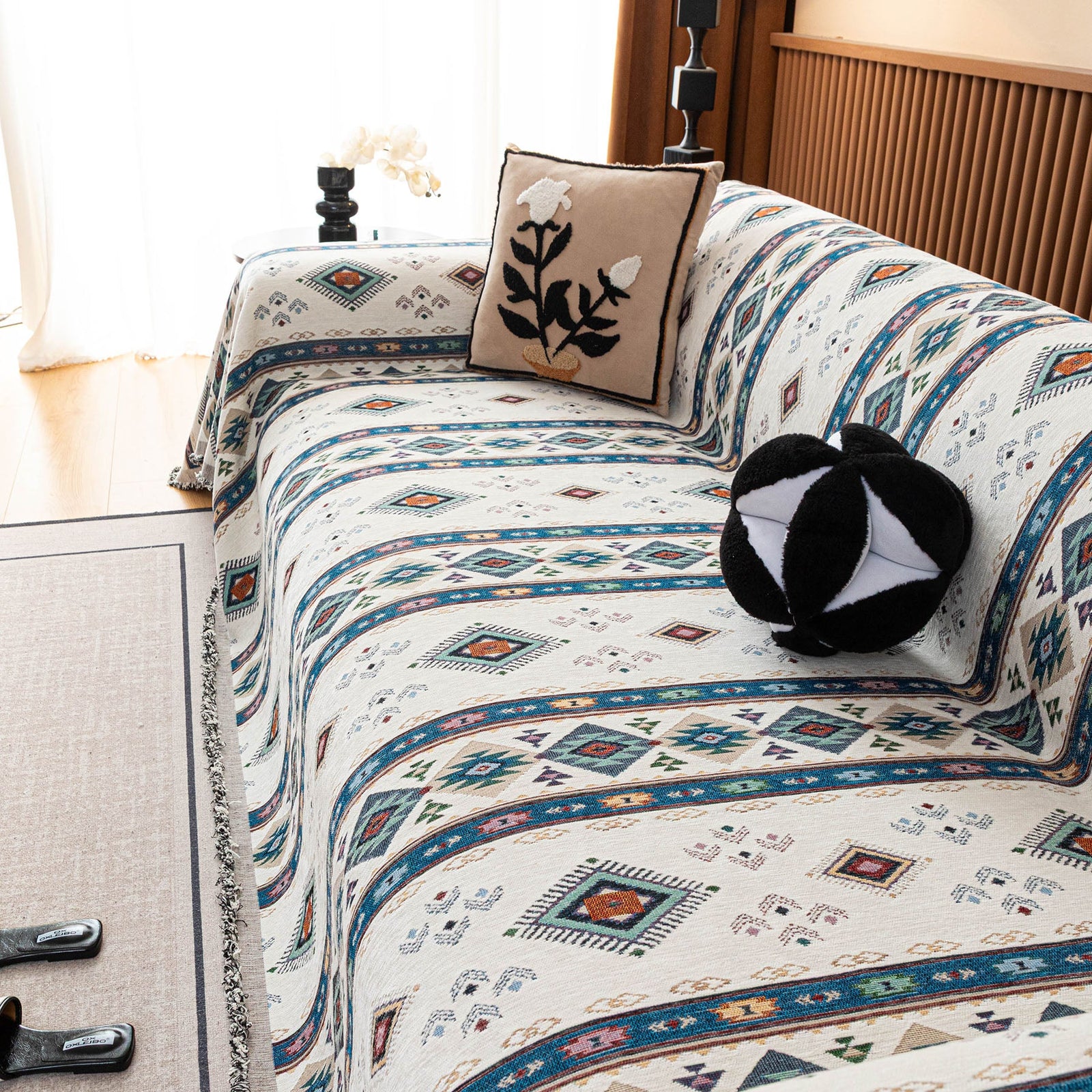 Southwestern Boho Woven Tribal Sofa Cover Blanket, Rustic Farmhouse Couch Throw Cover