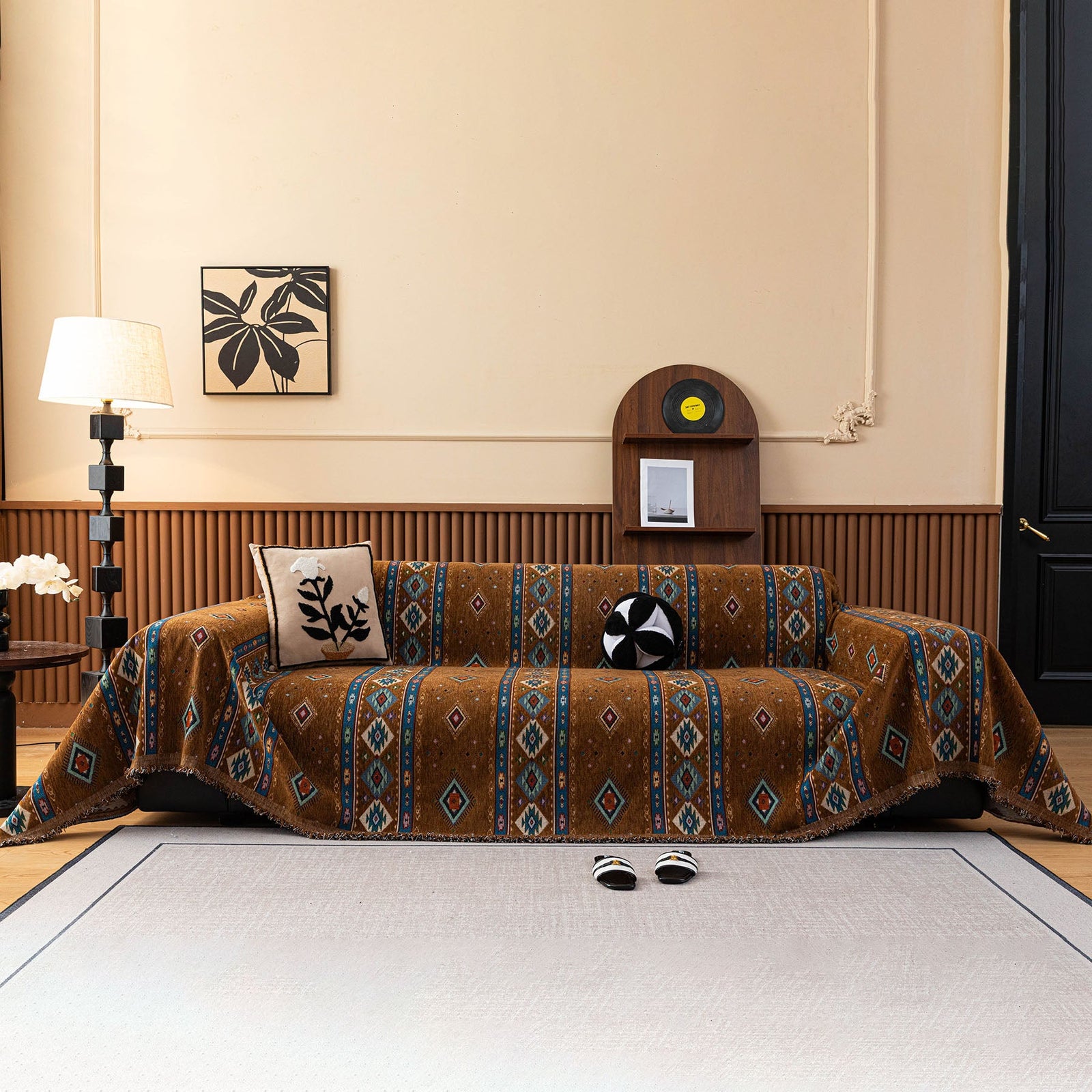 Southwestern Boho Woven Tribal Sofa Cover Blanket, Rustic Farmhouse Couch Throw Cover