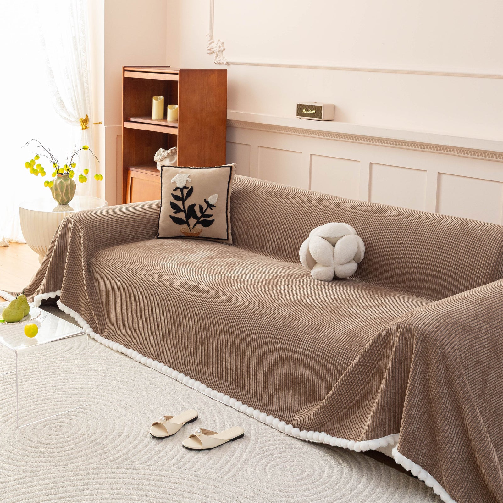Textured Striped Cozy Couch Cover Throw Blanket with Pom Pom Trim for Sectional Sofa