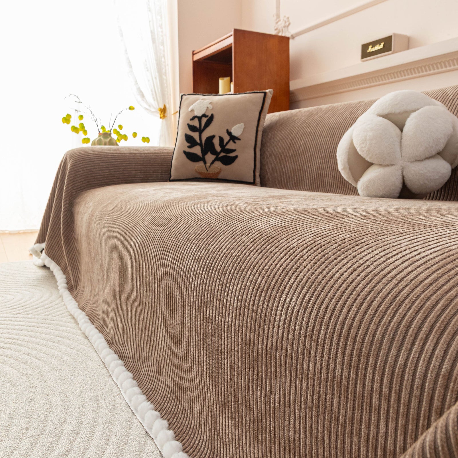Textured Striped Cozy Couch Cover Throw Blanket with Pom Pom Trim for Sectional Sofa