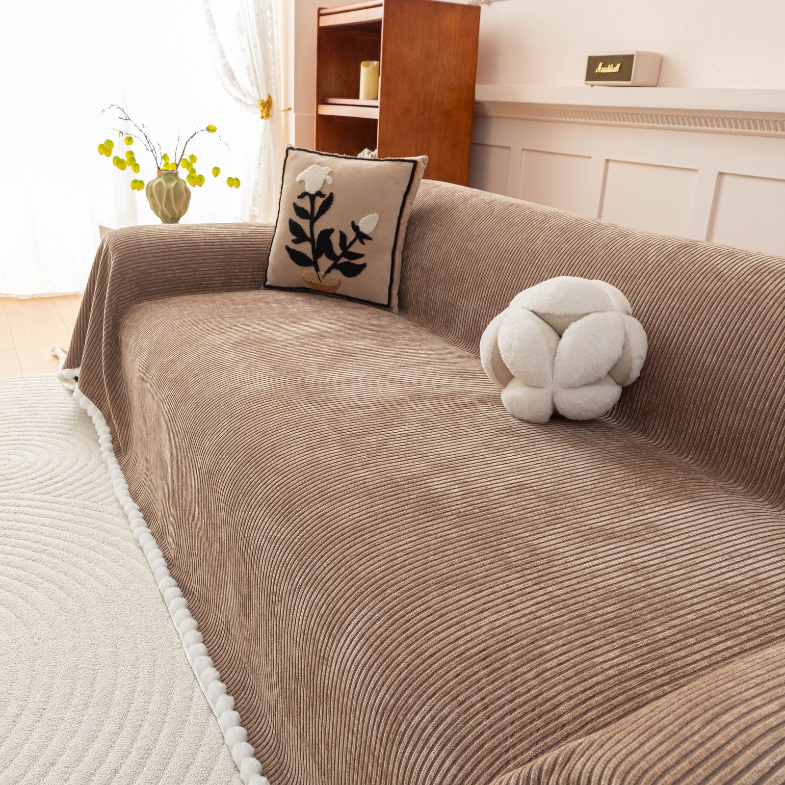 Textured Striped Cozy Couch Cover Throw Blanket with Pom Pom Trim for Sectional Sofa