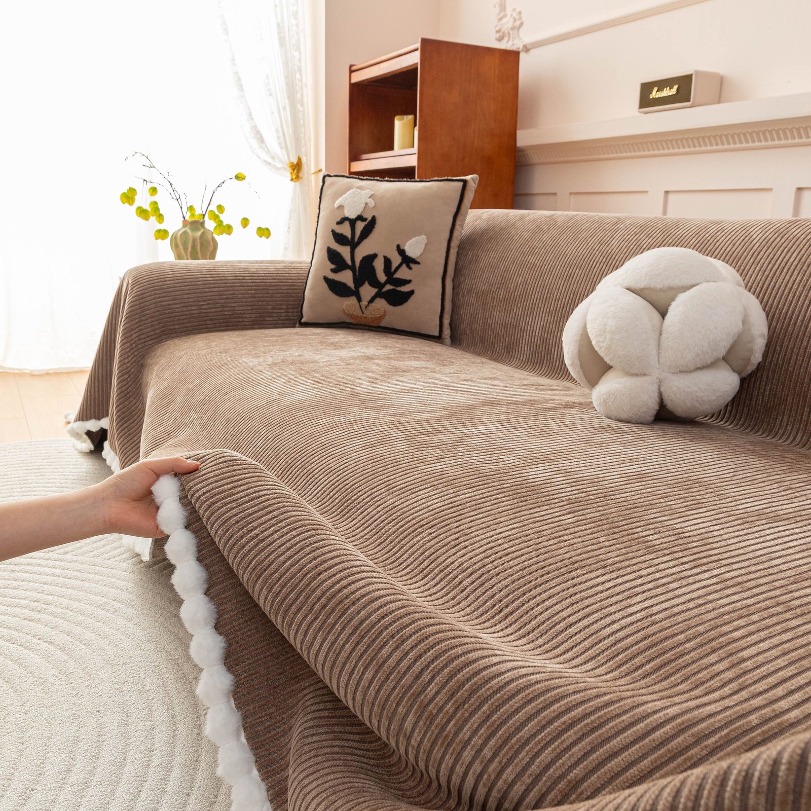 Textured Striped Cozy Couch Cover Throw Blanket with Pom Pom Trim for Sectional Sofa
