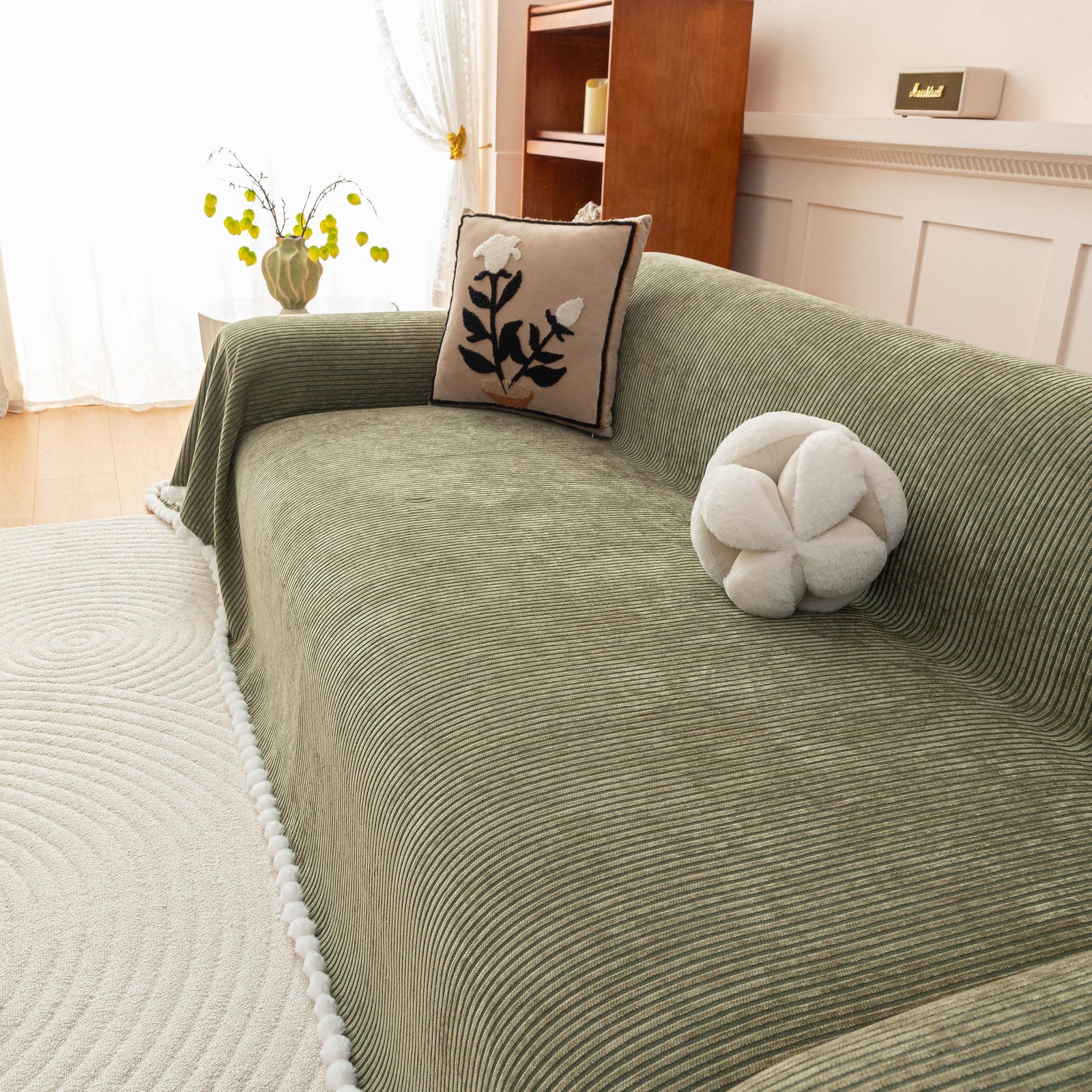 Textured Striped Cozy Couch Cover Throw Blanket with Pom Pom Trim for Sectional Sofa