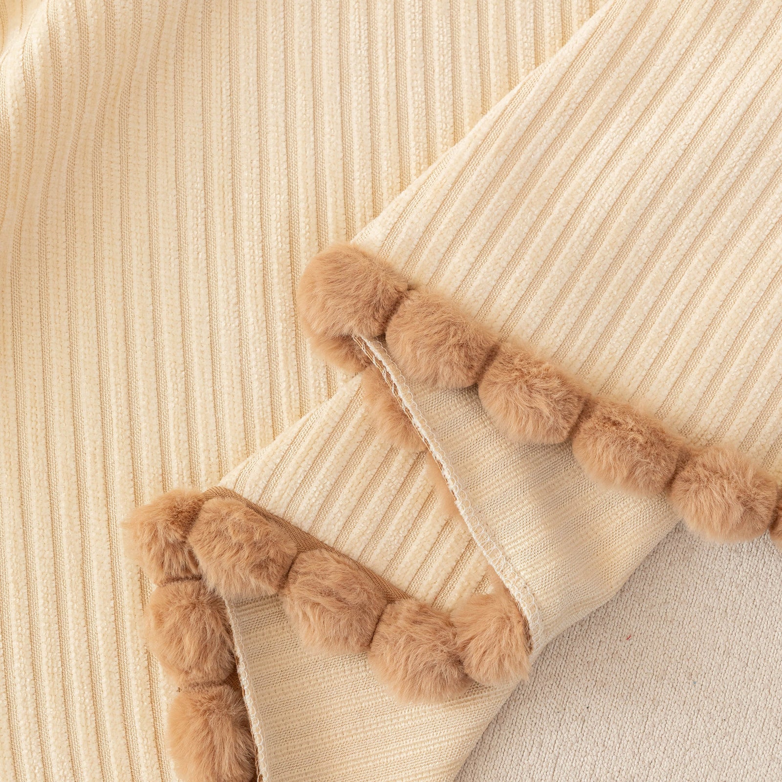 Textured Striped Cozy Couch Cover Throw Blanket with Pom Pom Trim for Sectional Sofa