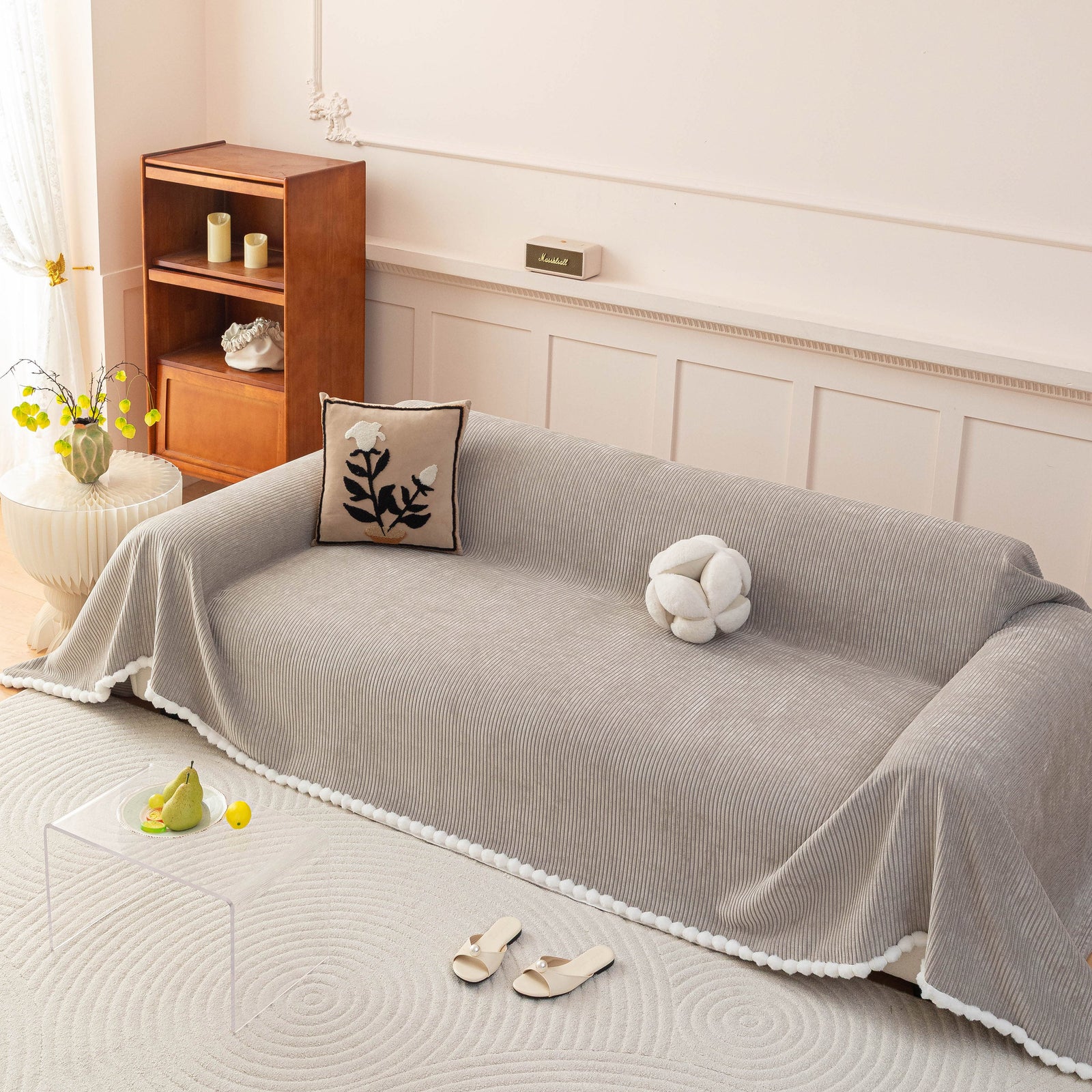 Textured Striped Cozy Couch Cover Throw Blanket with Pom Pom Trim for Sectional Sofa