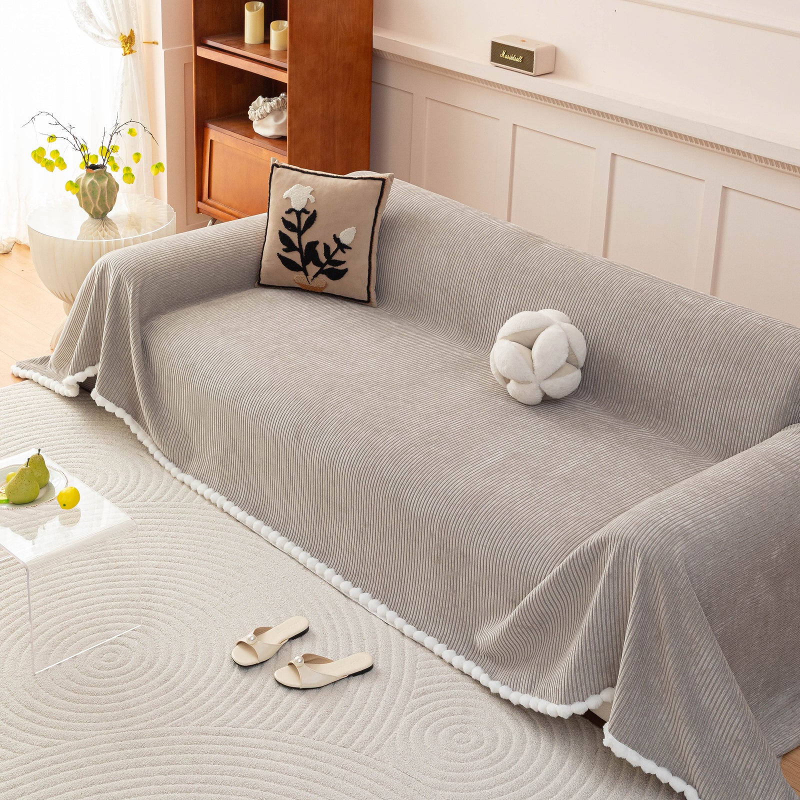 Textured Striped Cozy Couch Cover Throw Blanket with Pom Pom Trim for Sectional Sofa