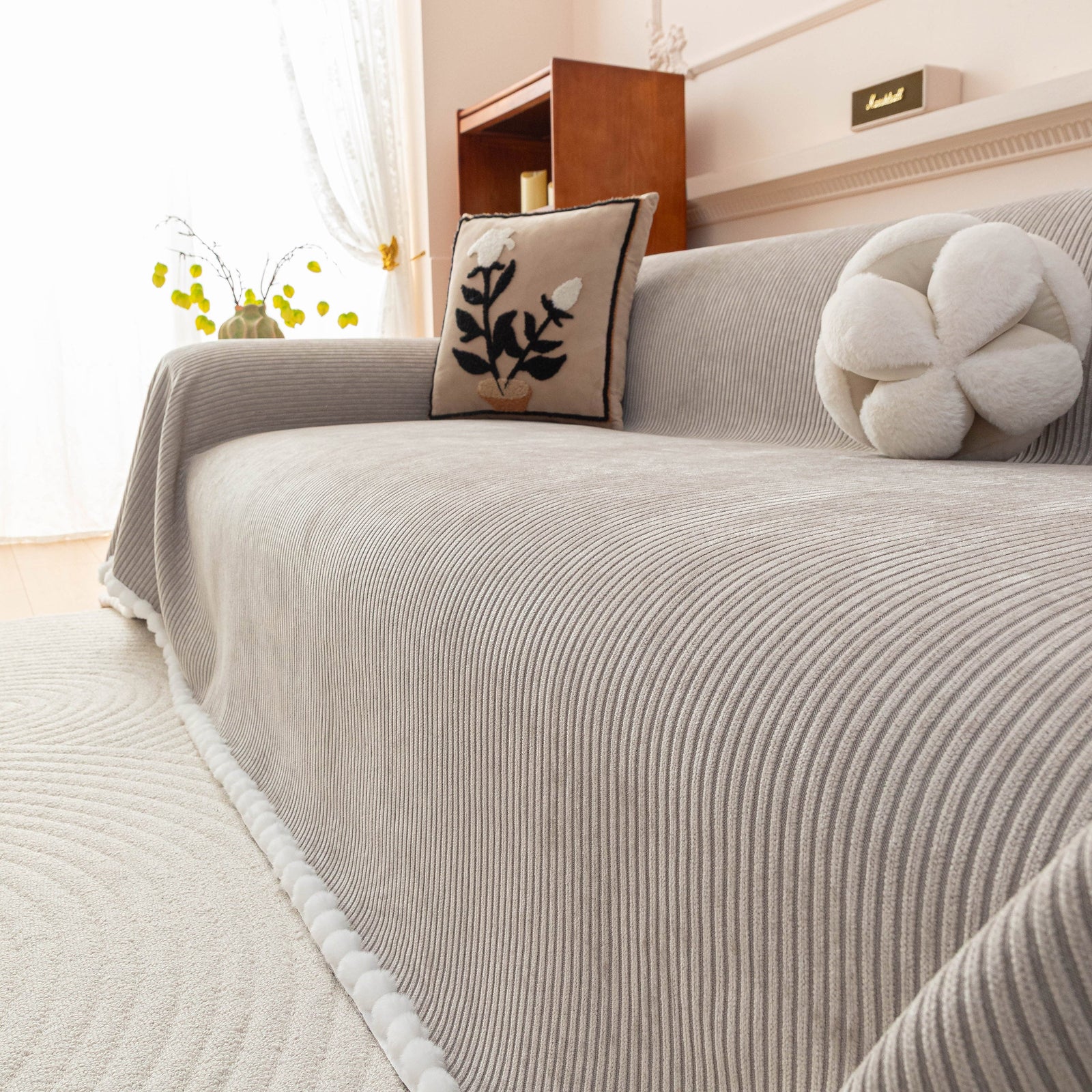 Textured Striped Cozy Couch Cover Throw Blanket with Pom Pom Trim for Sectional Sofa