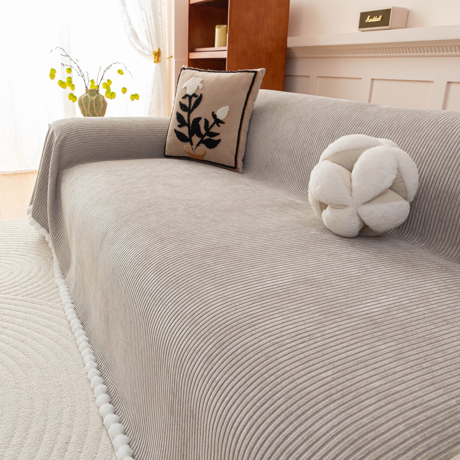 Textured Striped Cozy Couch Cover Throw Blanket with Pom Pom Trim for Sectional Sofa