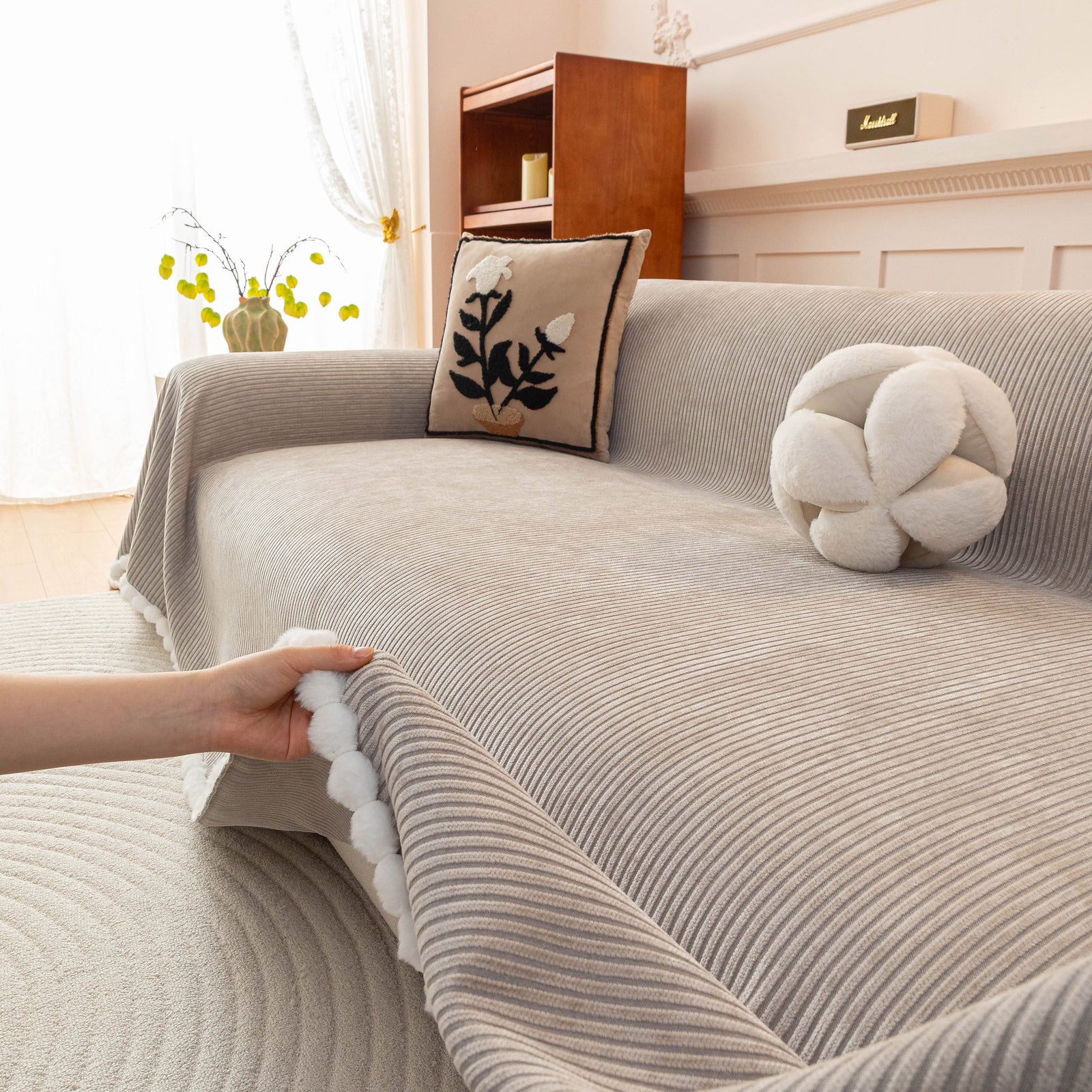 Textured Striped Cozy Couch Cover Throw Blanket with Pom Pom Trim for Sectional Sofa
