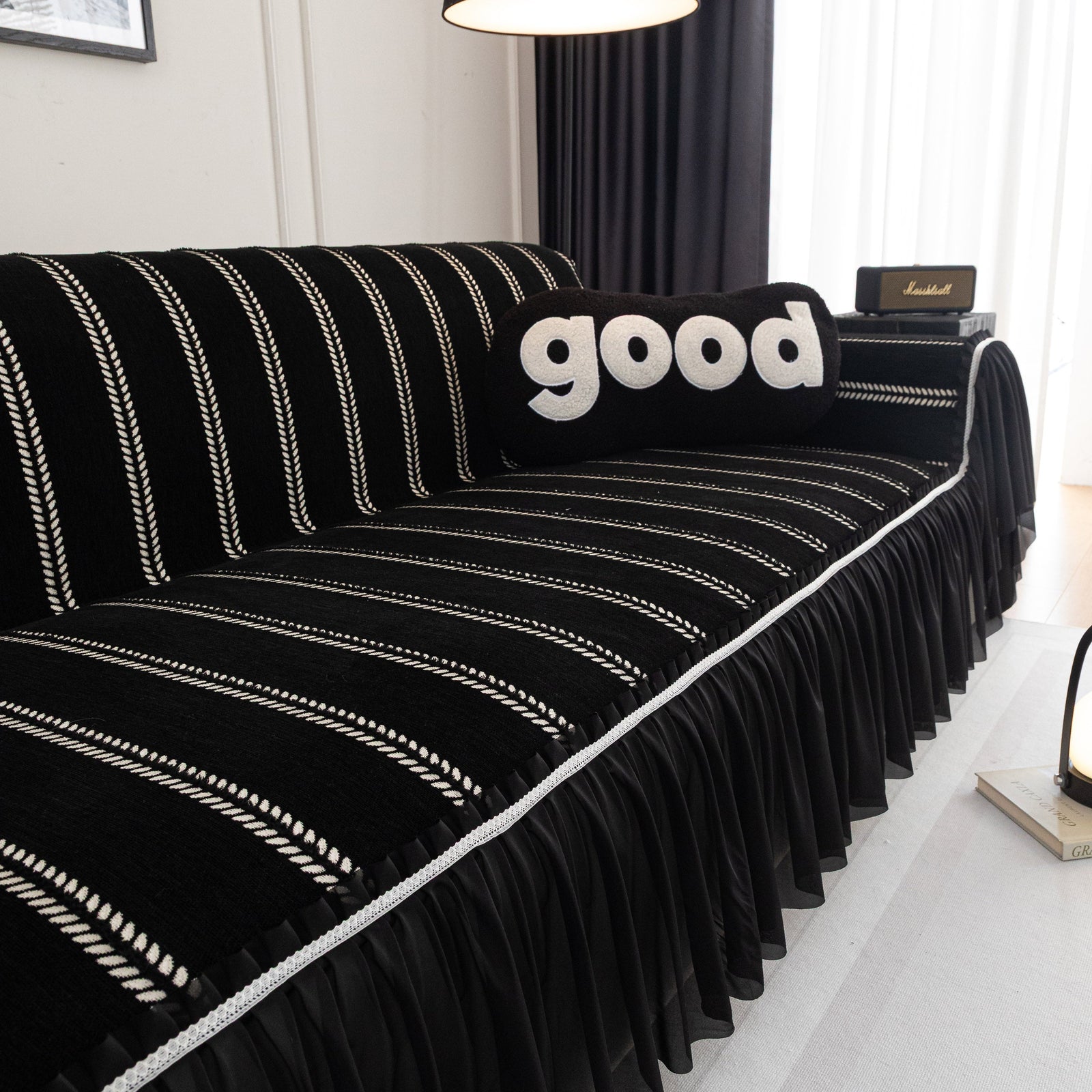 Leaf Stripe Sofa Cover with Black Sheer Skirt, Boho Soft Couch Slipcover for Pets