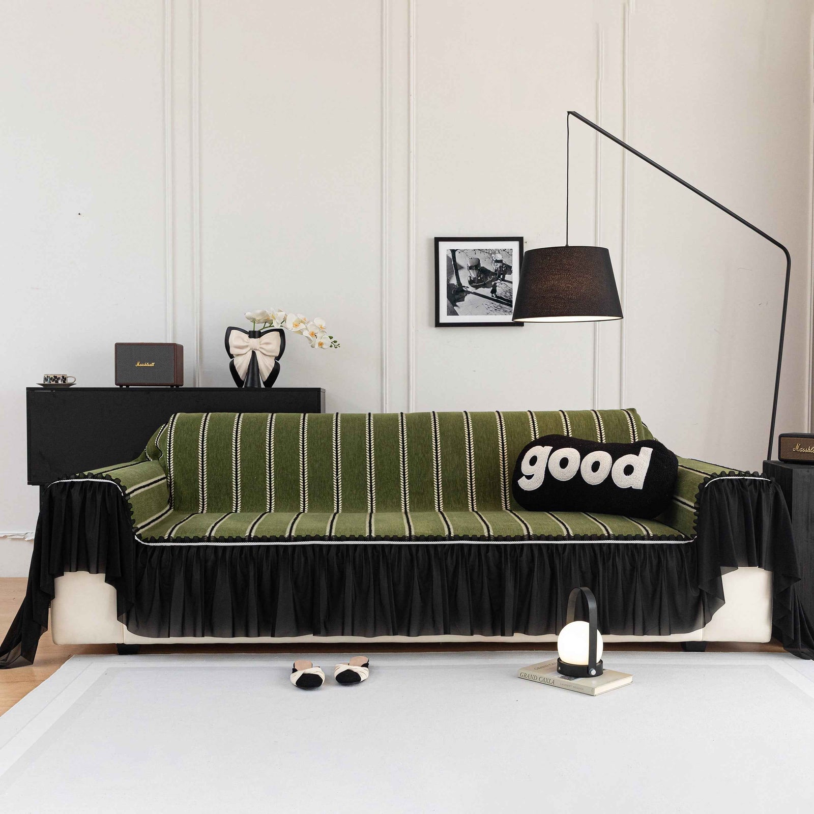 Leaf Stripe Sofa Cover with Black Sheer Skirt, Boho Soft Couch Slipcover for Pets