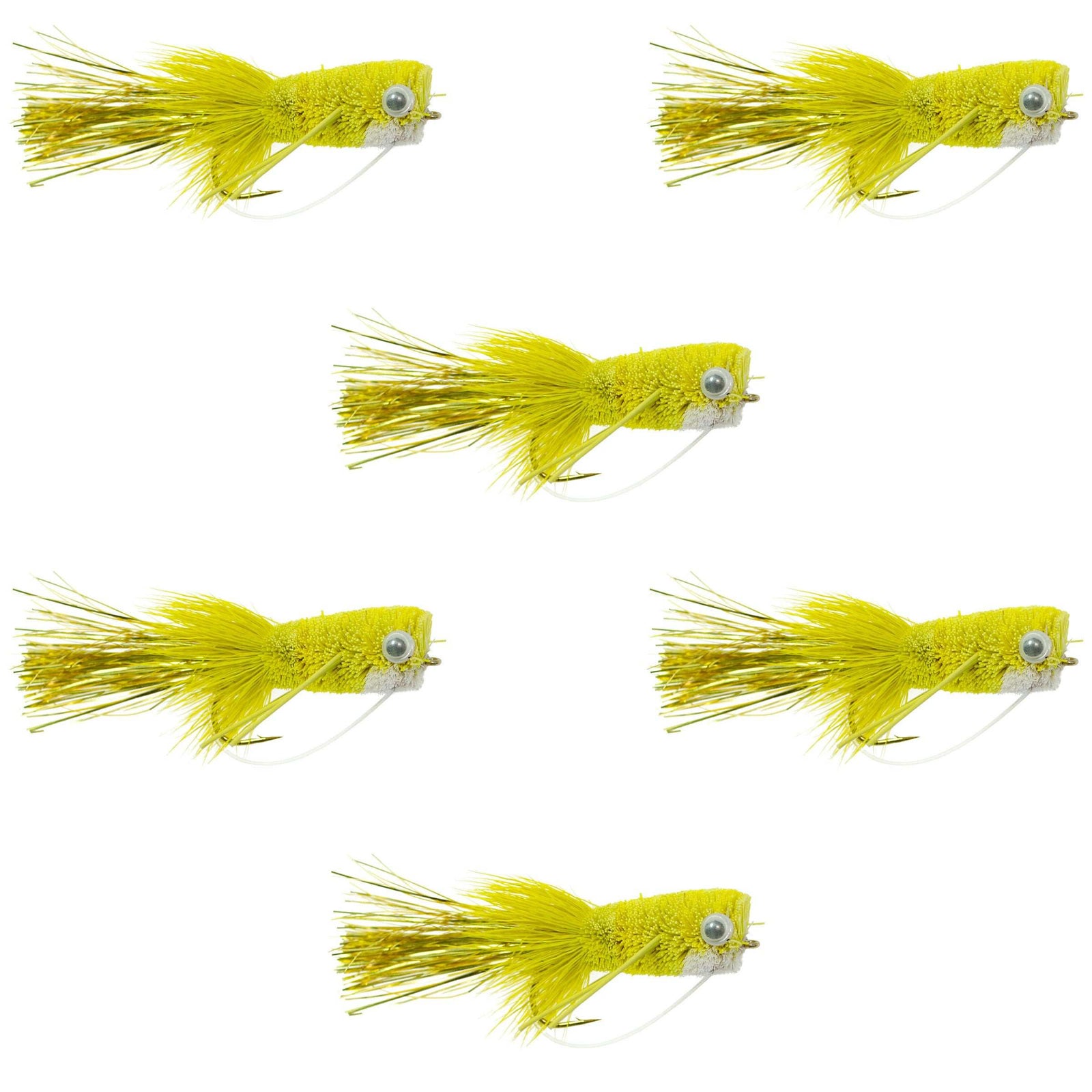 Flashtail Bass Popper  6 Flies Size 8 - Yellow Bass Fly Fishing Bug Wide Gape Bass Hooks With Weed Guard
