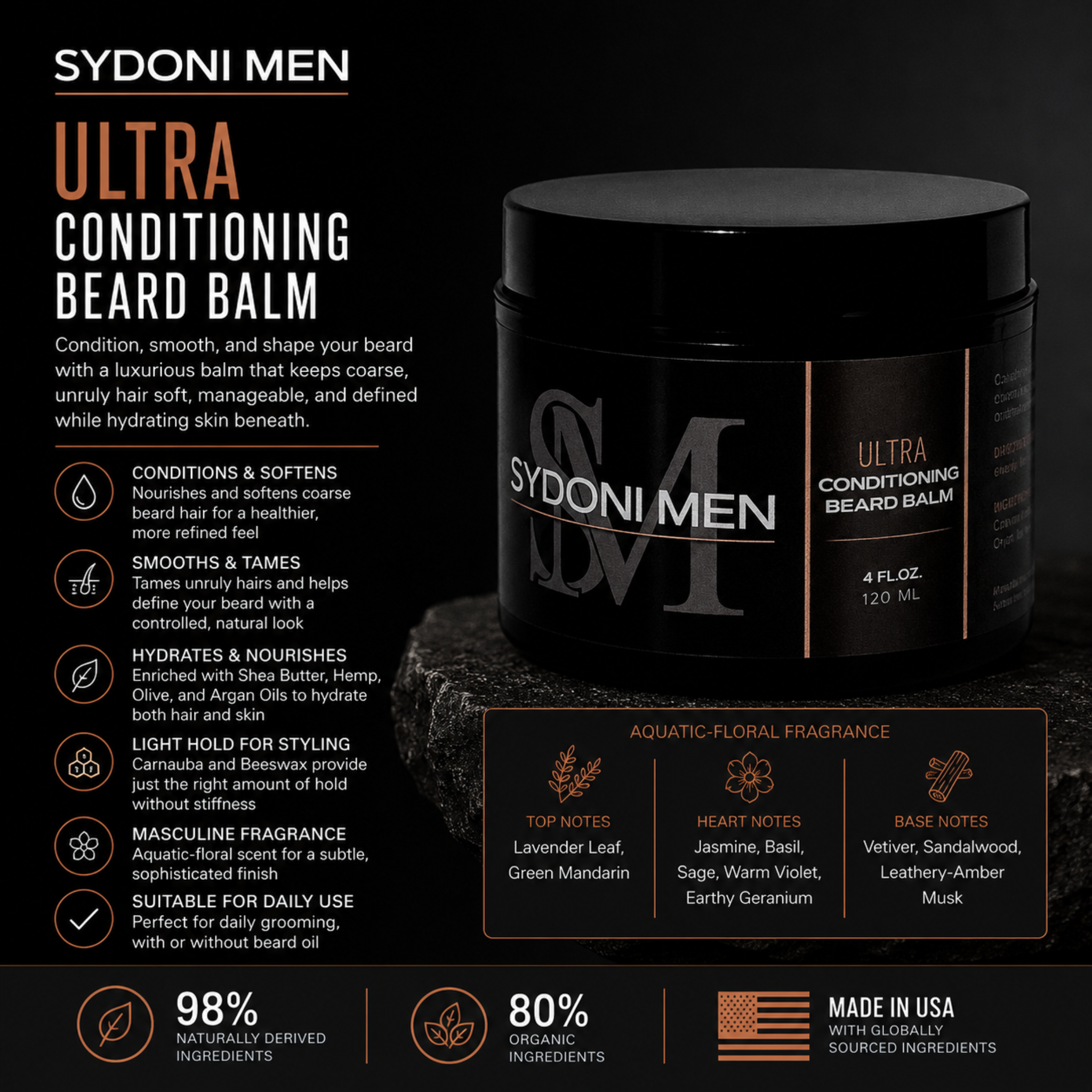 SYDONI MEN ULTRA CONDITIONING BEARD BALM | Soften, Hydrate & Tame120ml 4 fl. oz.