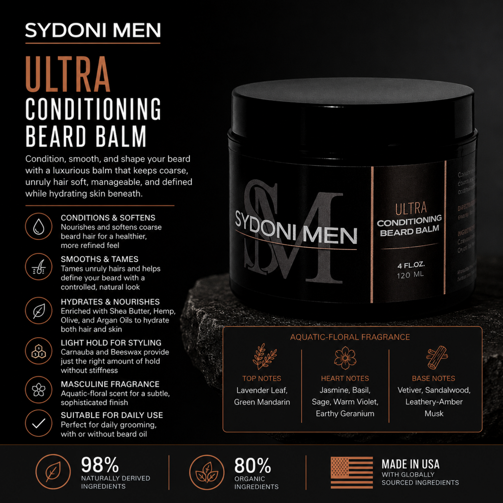 SYDONI MEN ULTRA CONDITIONING BEARD BALM | Soften, Hydrate & Tame120ml 4 fl. oz.