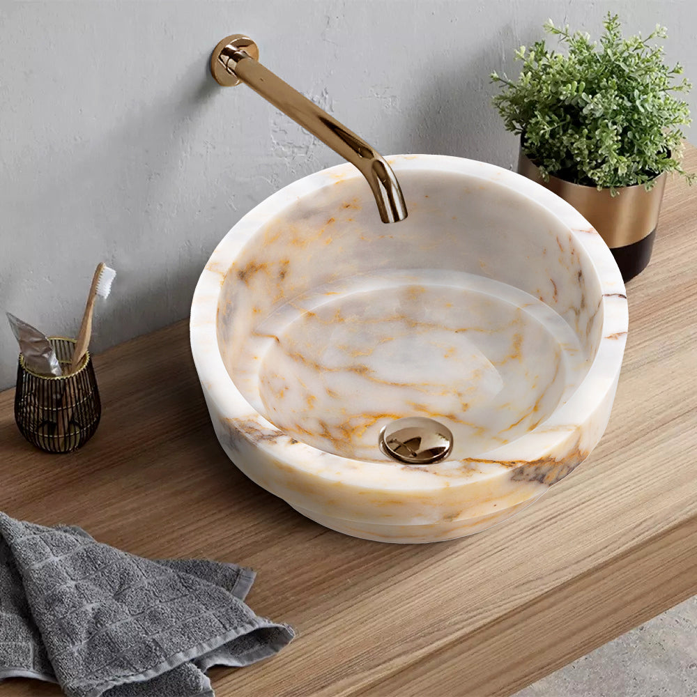Bianco Giallo Marble Special Design Vessel Sink Bowl Polished  (D)16