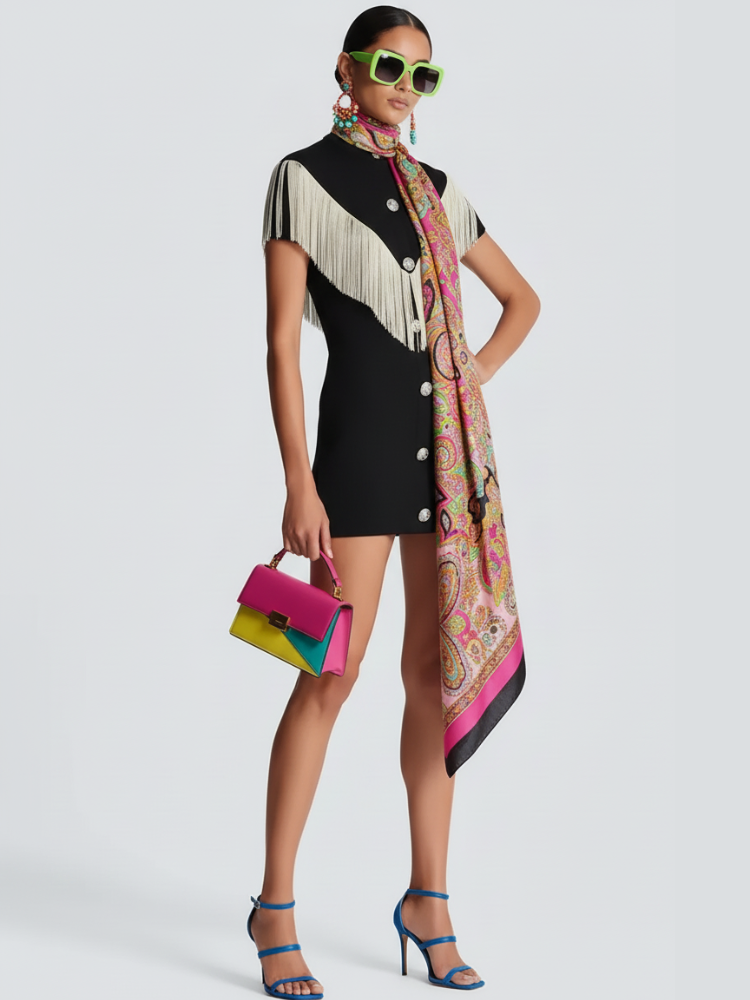 Black Mini Bodycon Dress with Button Tassel For Women, Meatpacking District, BYMANYC New York.