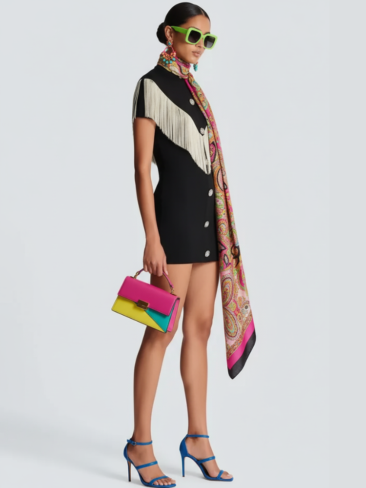 Black Mini Bodycon Dress with Button Tassel For Women, Meatpacking District, BYMANYC New York.